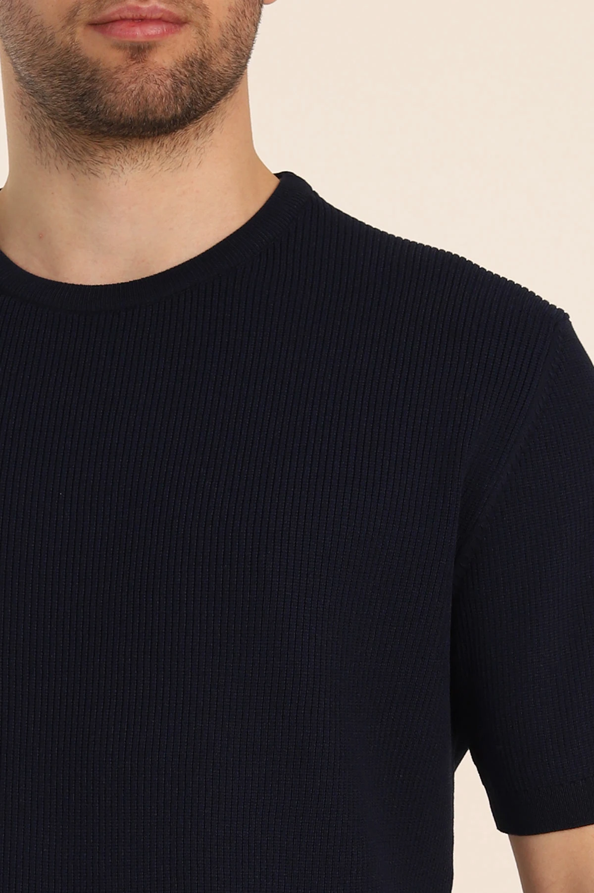 Lacivert Slim Fit Dokulu Basic Kısa Kollu Erkek Triko Tişört 338601