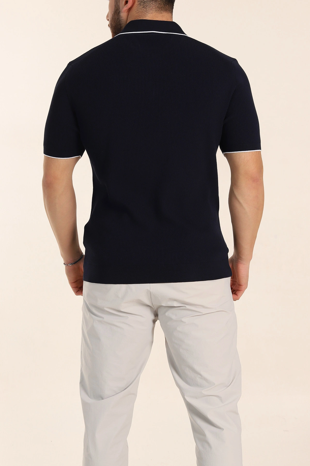 Lacivert Slim Fit Dokulu Fermuarlı Polo Yaka Kısa Kollu Erkek Triko Tişört 338618
