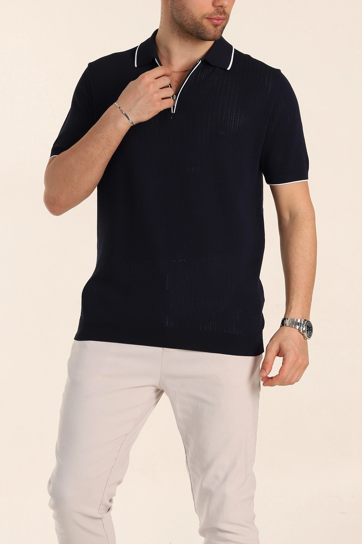 Lacivert Slim Fit Fermuarlı Polo Yaka Kısa Kollu Erkek Triko Tişört 338564