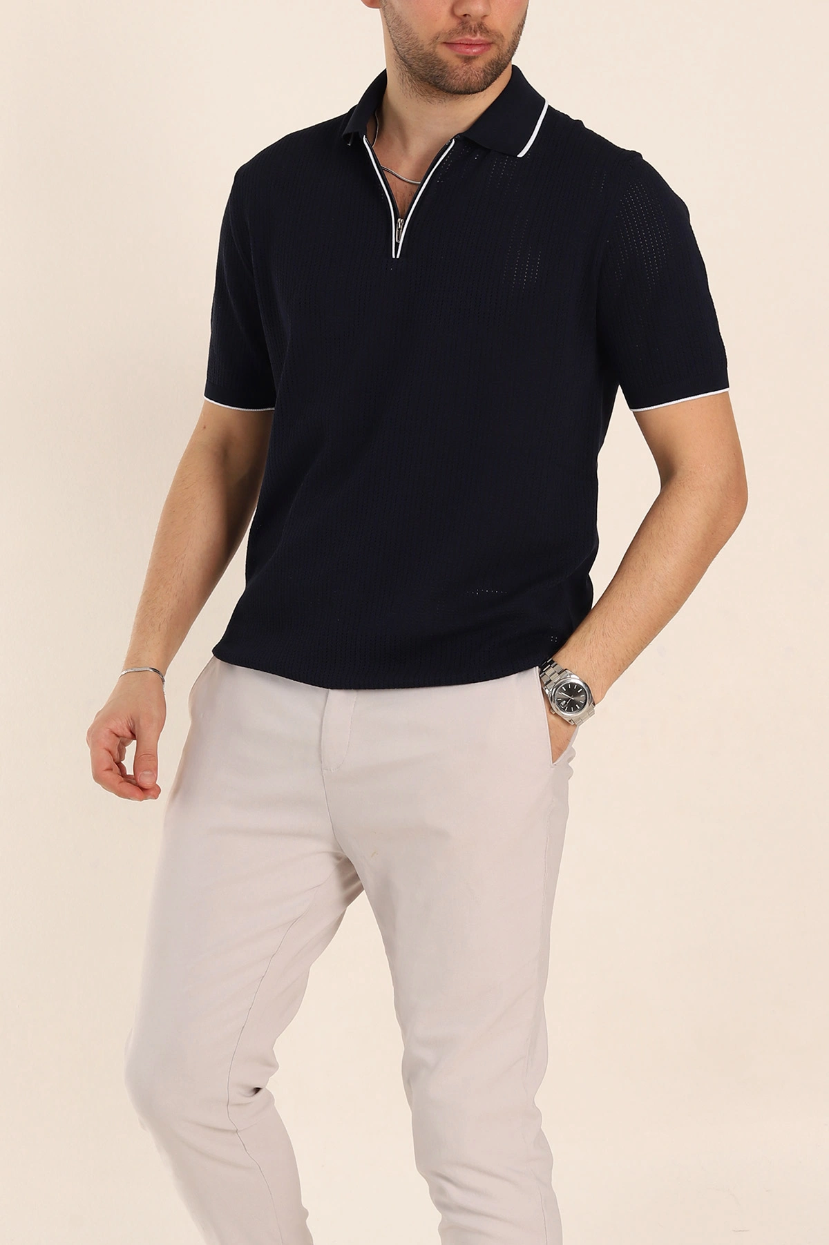 Lacivert Slim Fit Fermuarlı Polo Yaka Kısa Kollu Erkek Triko Tişört 338564