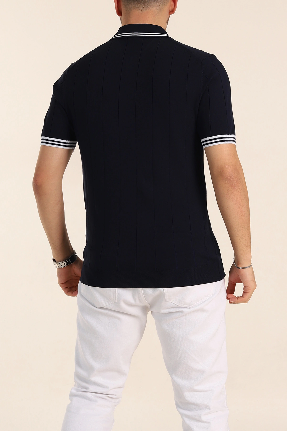 Lacivert Slim Fit Likralı Fermuarlı Polo Yaka Kısa Kollu Triko Tişört 338554