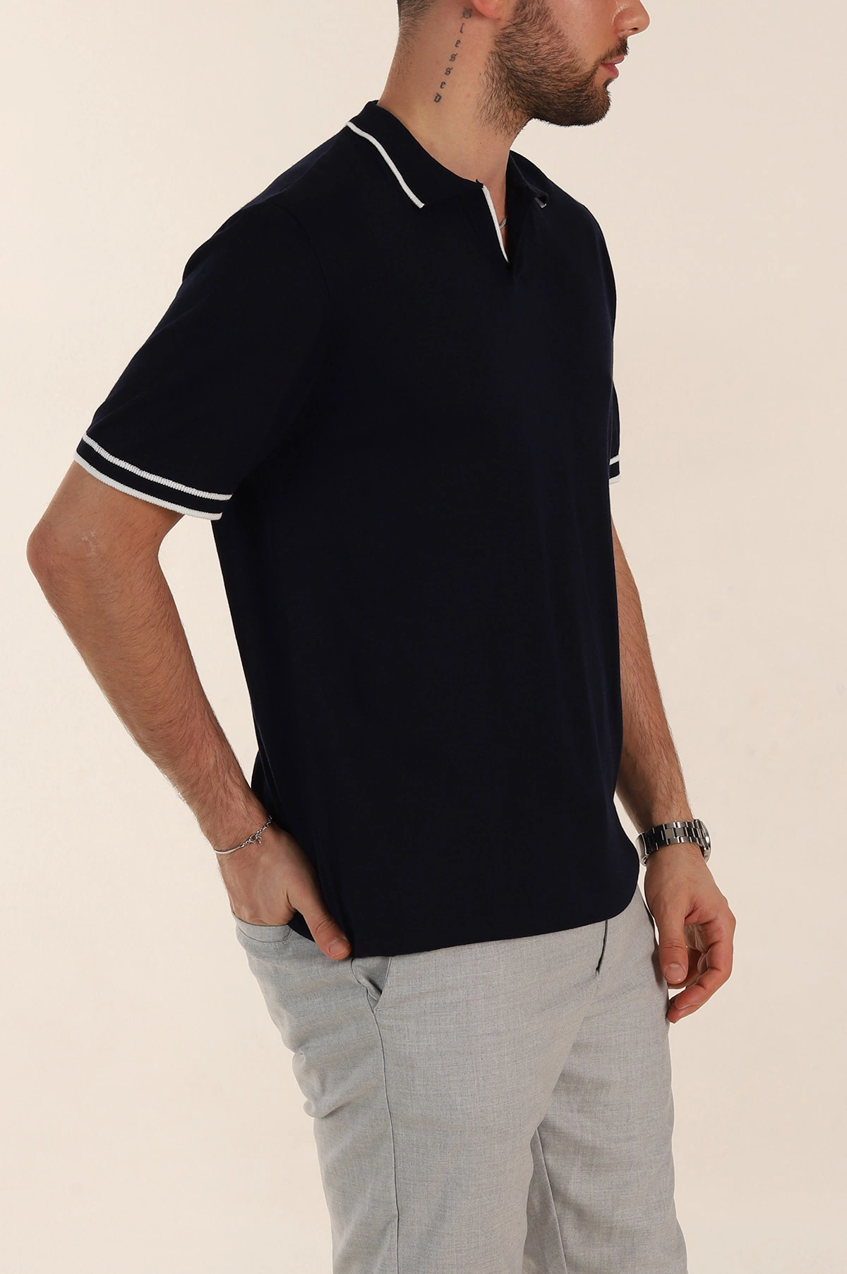 Lacivert Slim Fit Patlı Polo Yaka Erkek Triko Tişört 358352
