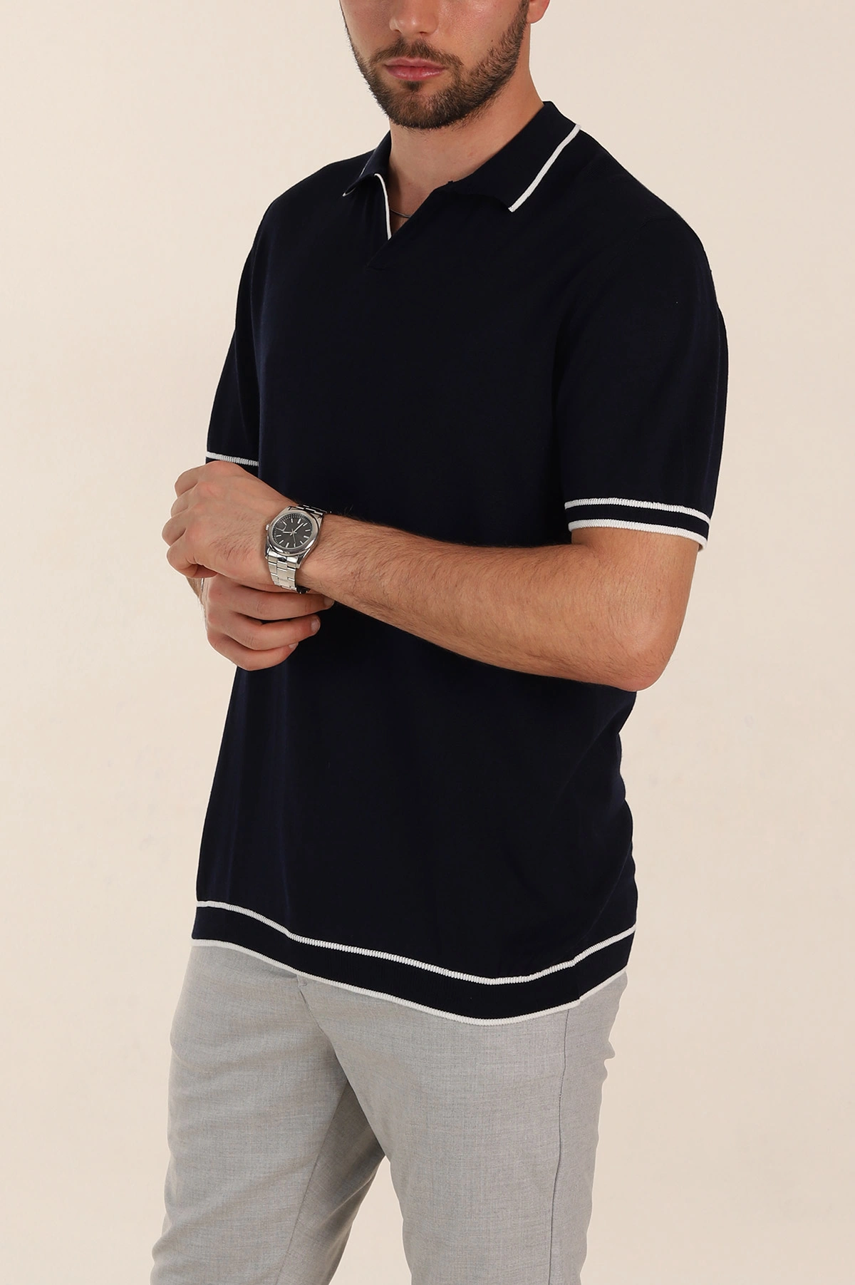 Lacivert Slim Fit Patlı Polo Yaka Erkek Triko Tişört 358352