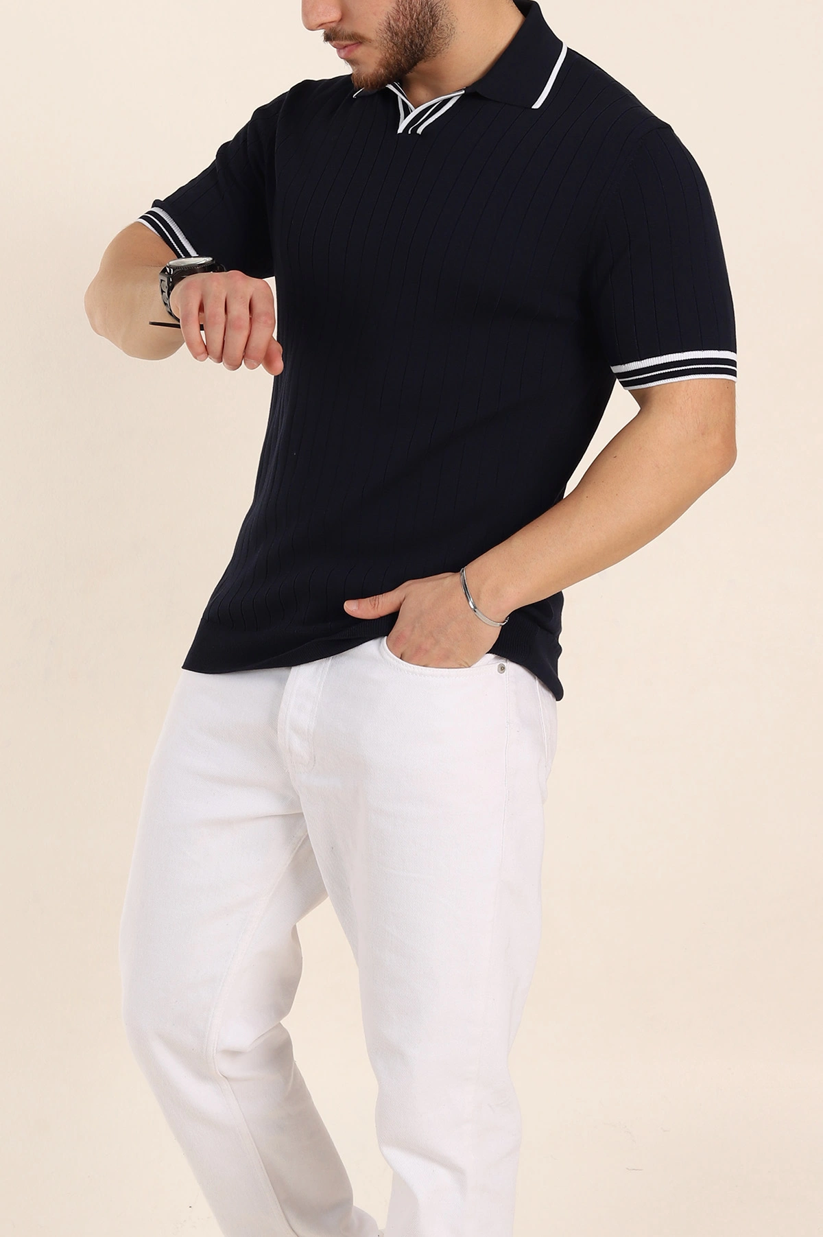 Lacivert Slim Fit Patlı Polo Yaka Kısa Kollu Erkek Triko Tişört 338582