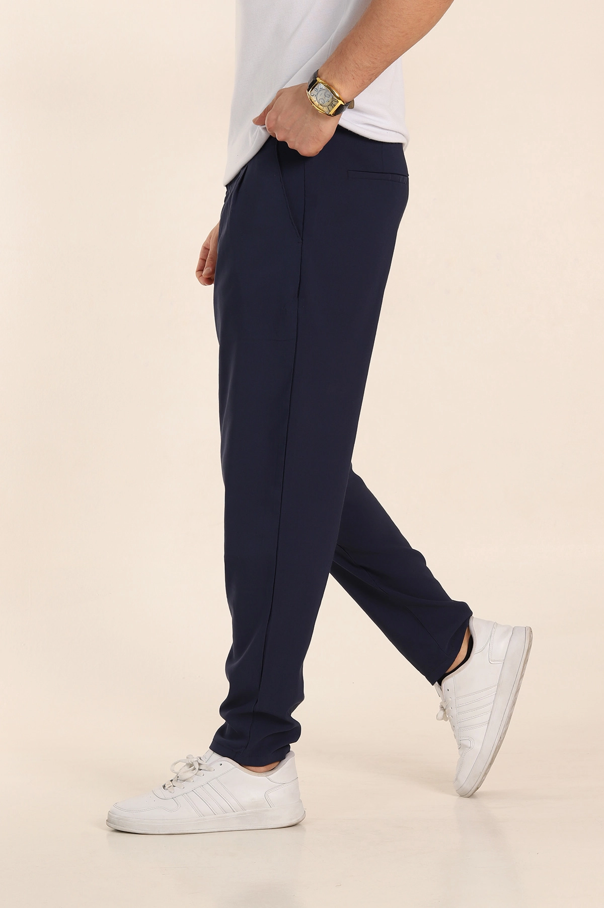Lacivert Slim Fit Yüksel Bel Çift Kemer Detaylı Erkek Kumaş Pantolon 340849