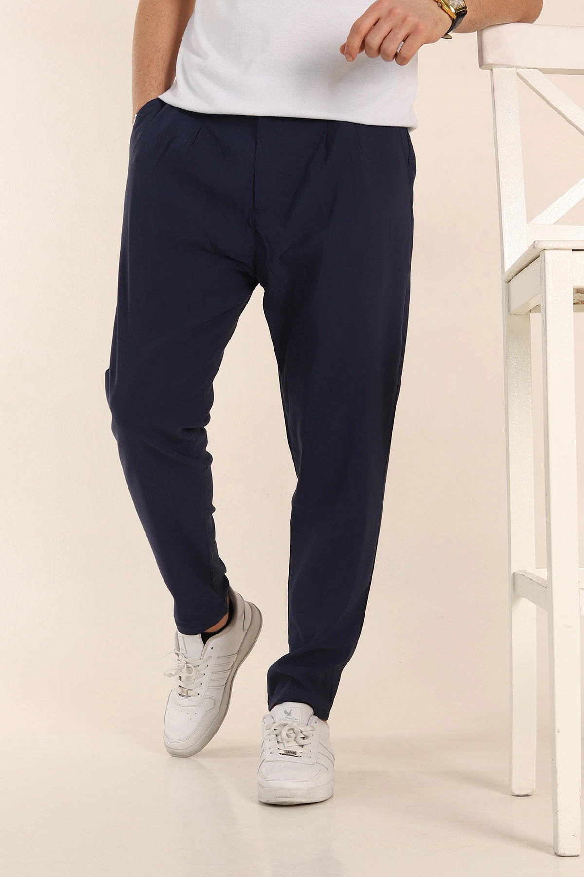 Lacivert Slim Fit Yüksel Bel Çift Kemer Detaylı Erkek Kumaş Pantolon 340849