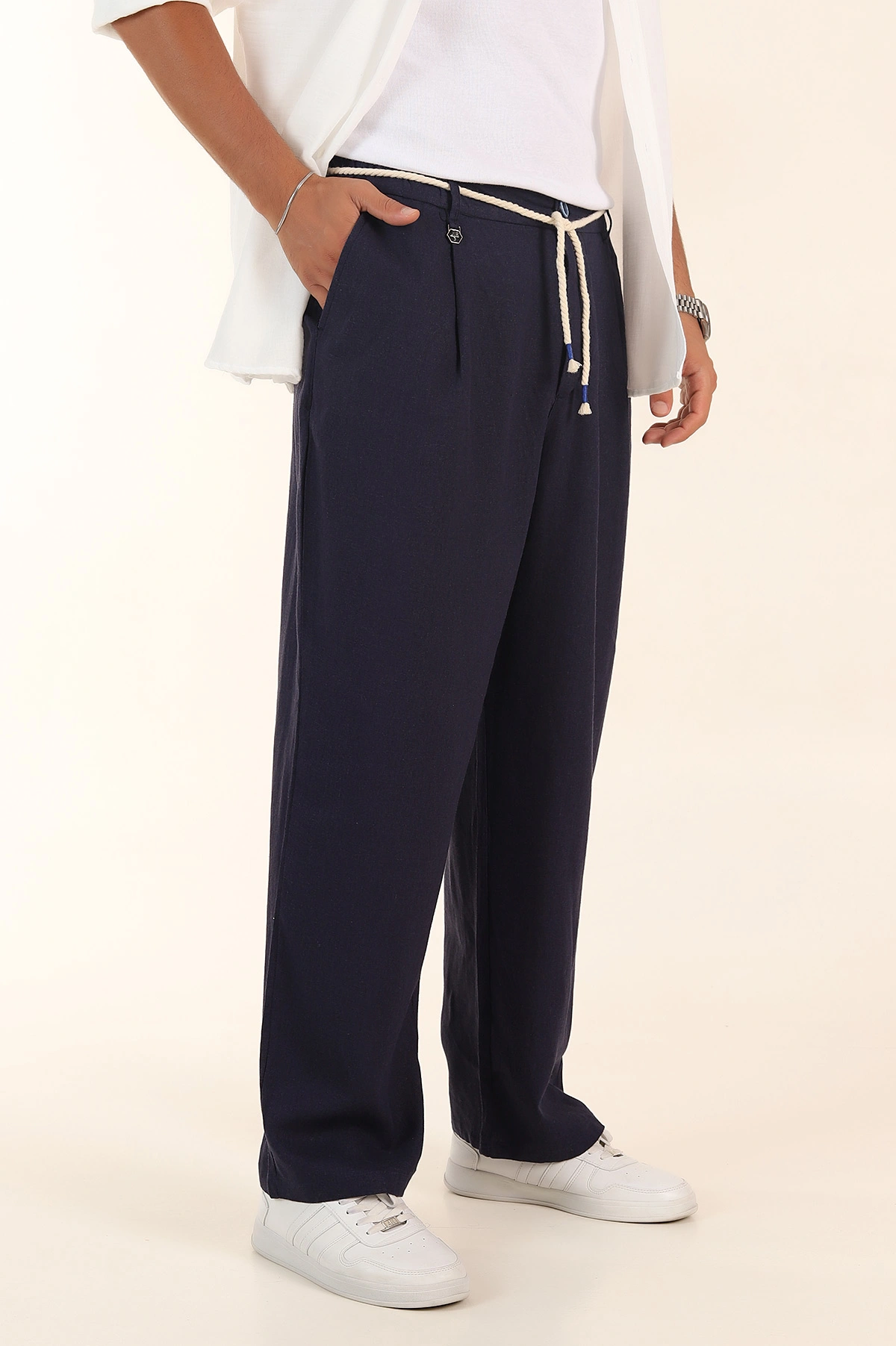 Lacivert Süper Baggy Keten Bel Lastikli Erkek Pantolon 380959