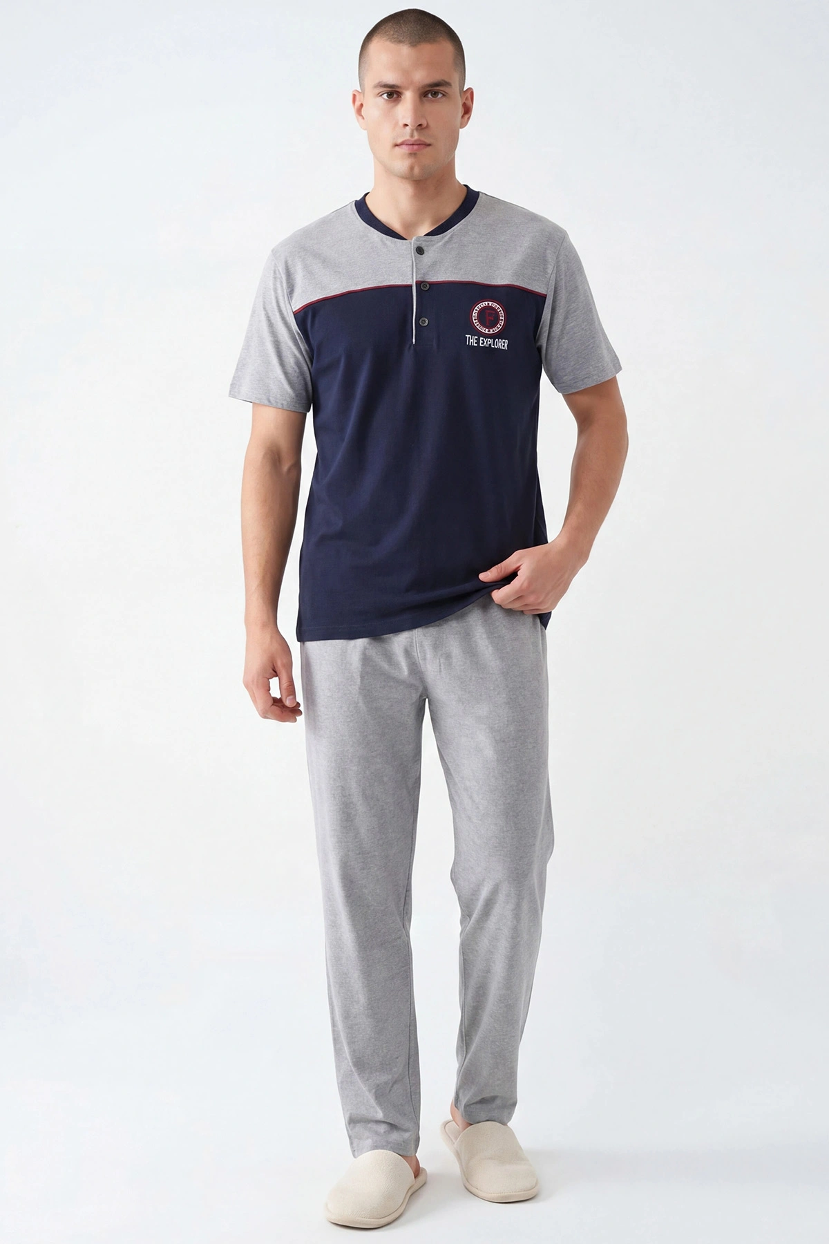 Lacivert Süprem Kumaş Düğmeli Erkek Pijama Takımı 455806