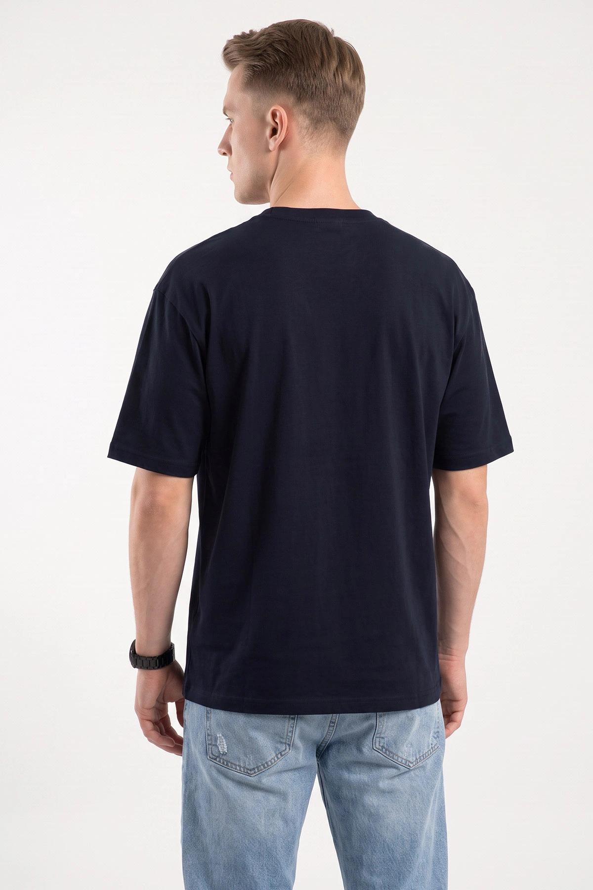 Lacivert Süprem Kumaş Oversize Sıfır Yaka Erkek Tişört 487712