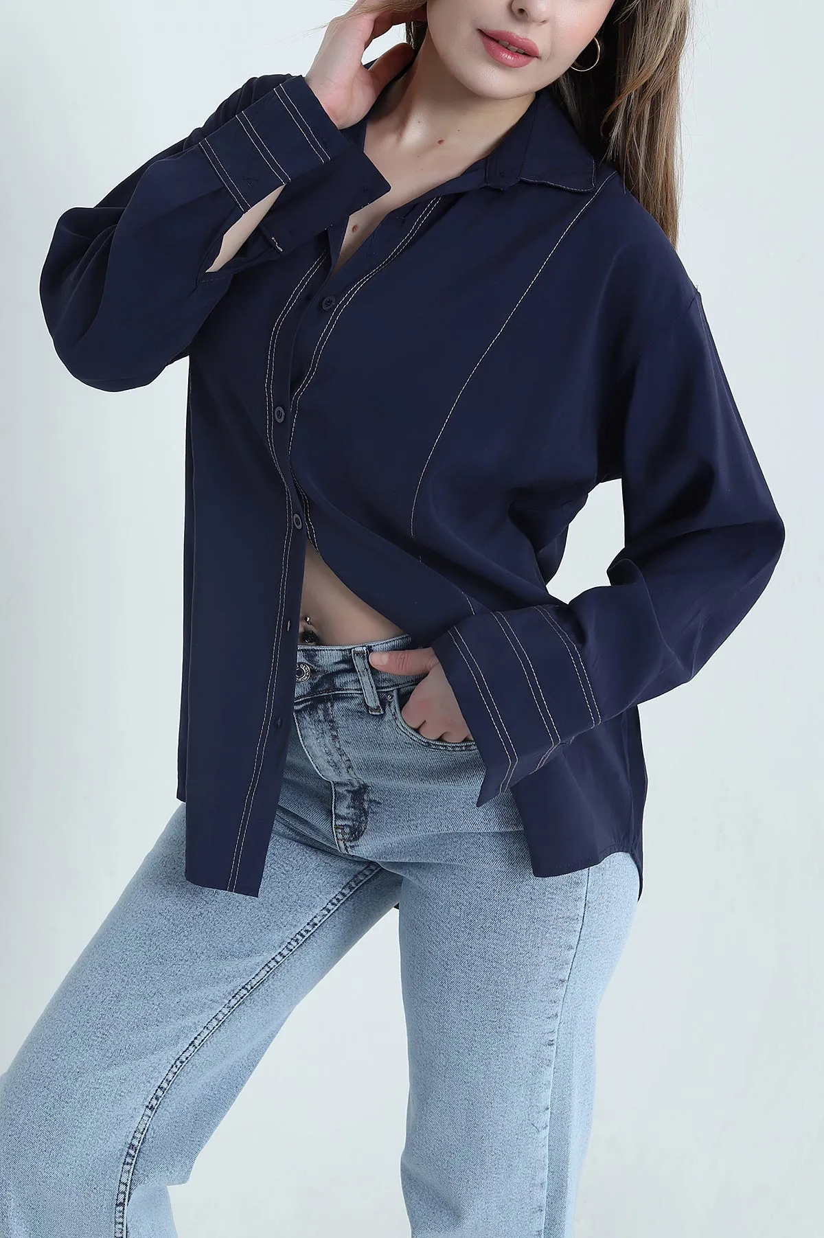 Lacivert Süs Dikiş Modal Süet Kadın Gömlek 442972
