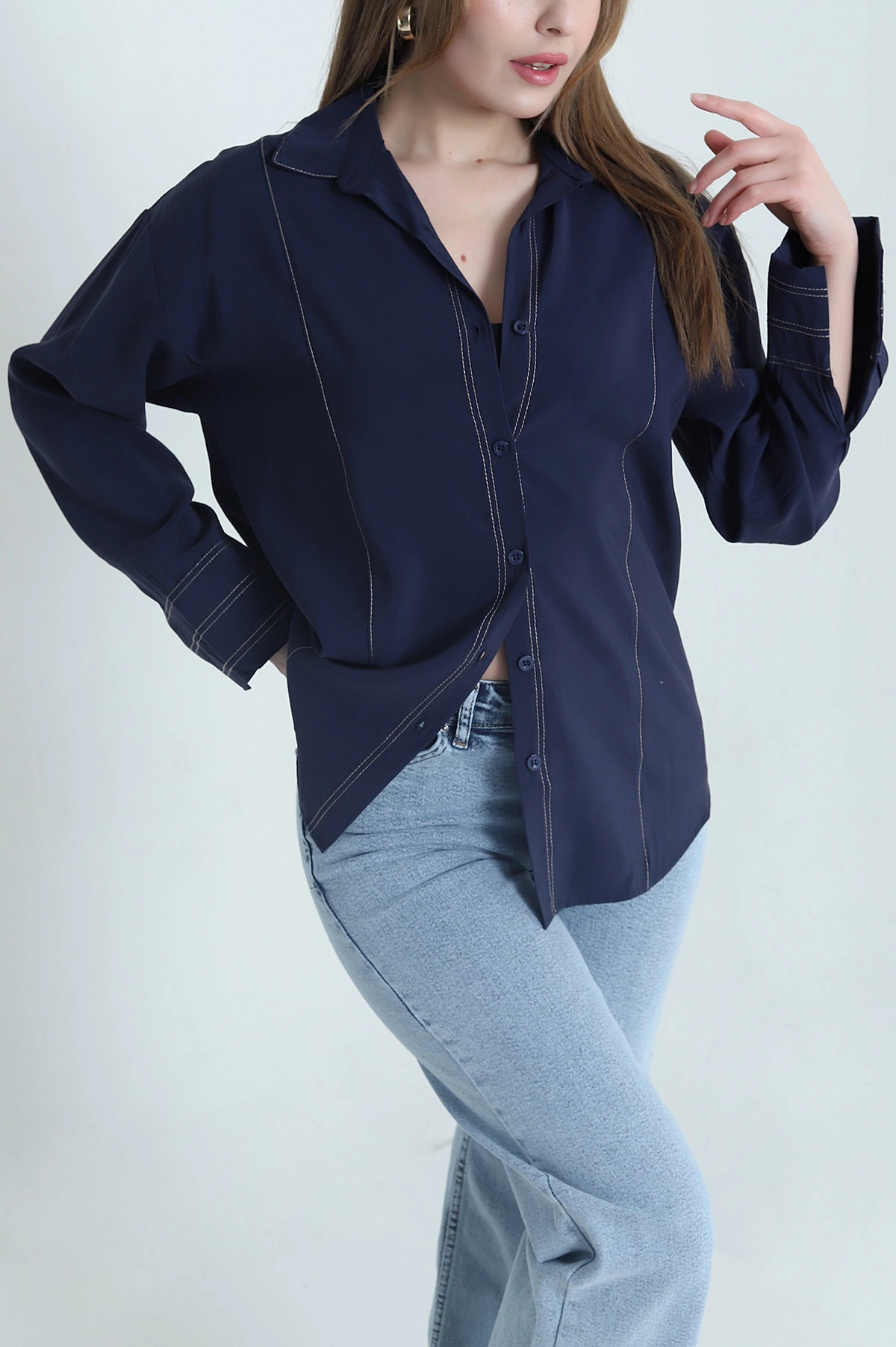 Lacivert Süs Dikiş Modal Süet Kadın Gömlek 442972
