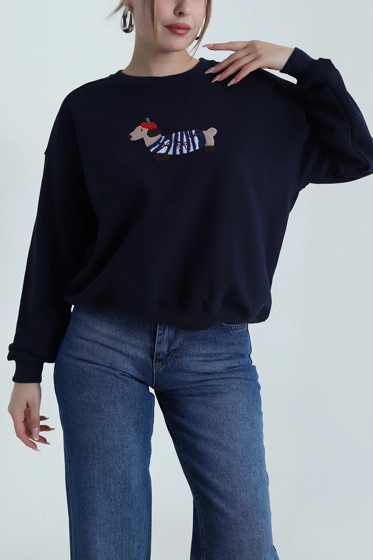 Lacivert Süzene Nakışlı Şardonsuz Üç İp Kadın Sweat 486606