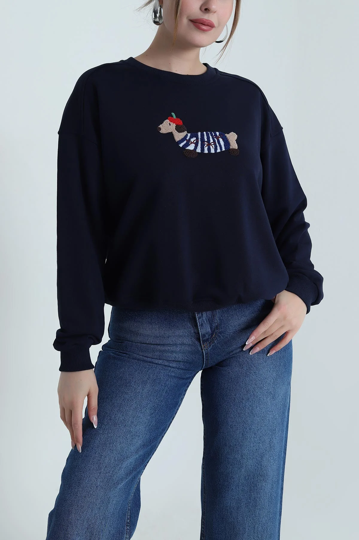 Lacivert Süzene Nakışlı Şardonsuz Üç İp Kadın Sweat 486606