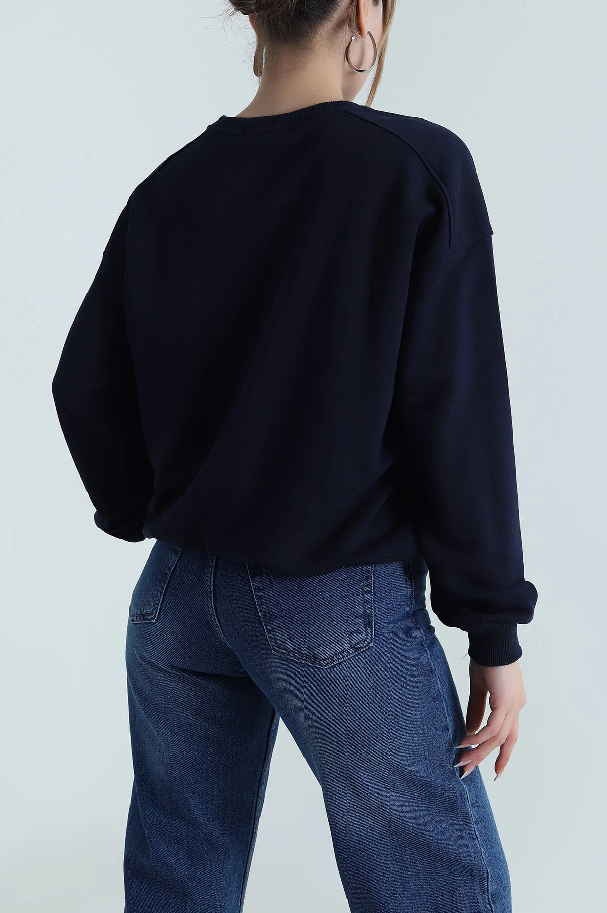 Lacivert Süzene Nakışlı Şardonsuz Üç İp Kadın Sweat 486606