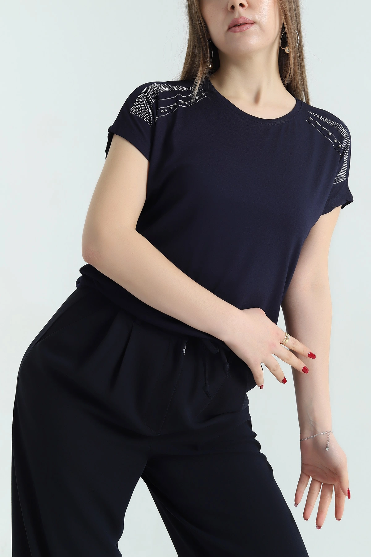 Lacivert Taşlı Likralı Bisiklet Yaka Süprem Bluz 335884
