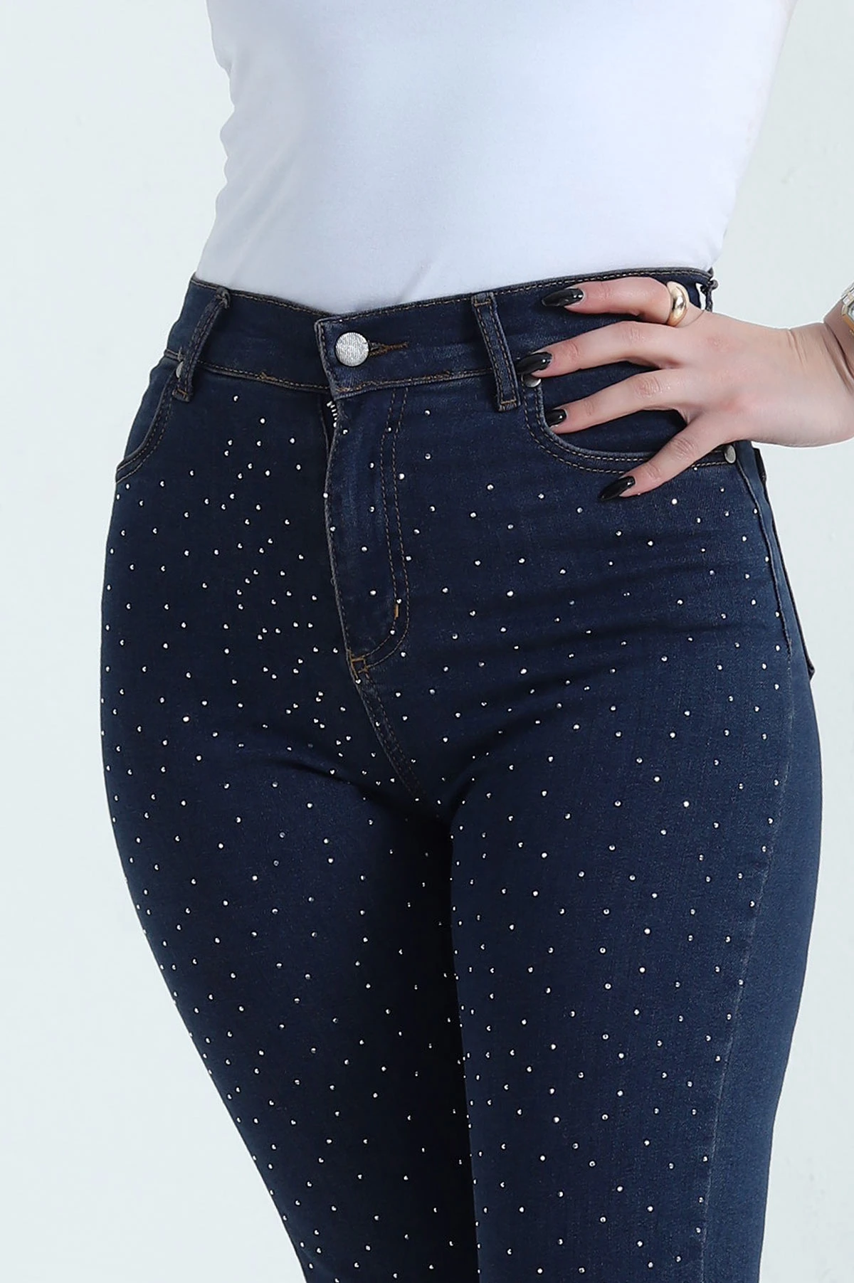 Lacivert Taşlı Likralı Lazer Paça Kadın Kot Pantolon 452949