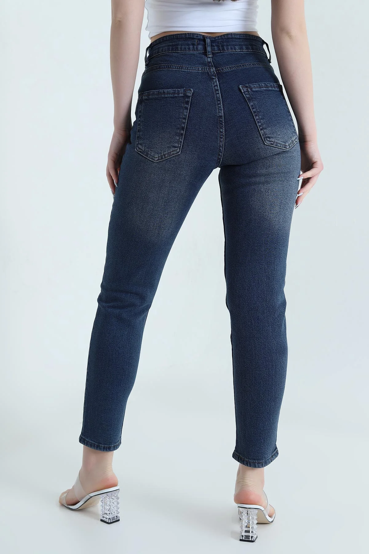 Lacivert Taşlı Likralı Mom Kadın Kot Pantolon 446287