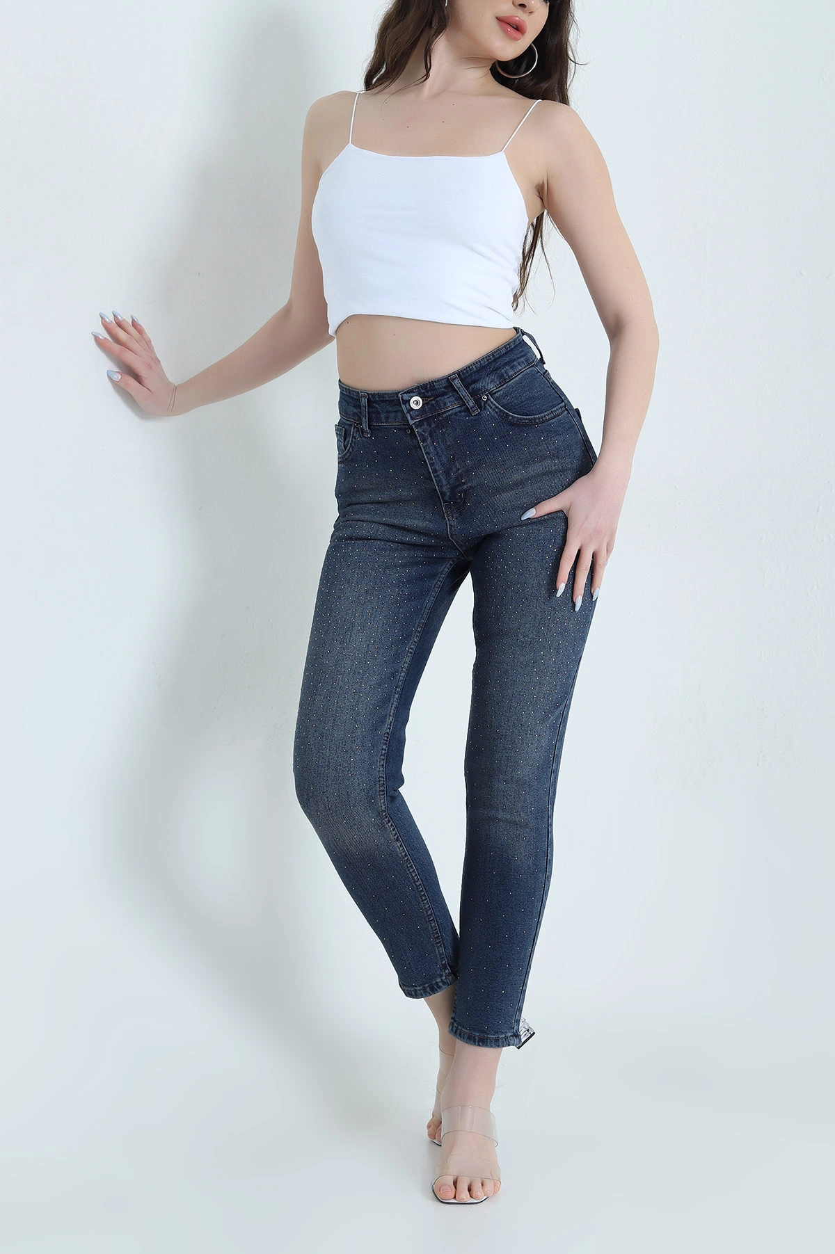 Lacivert Taşlı Likralı Mom Kadın Kot Pantolon 446287