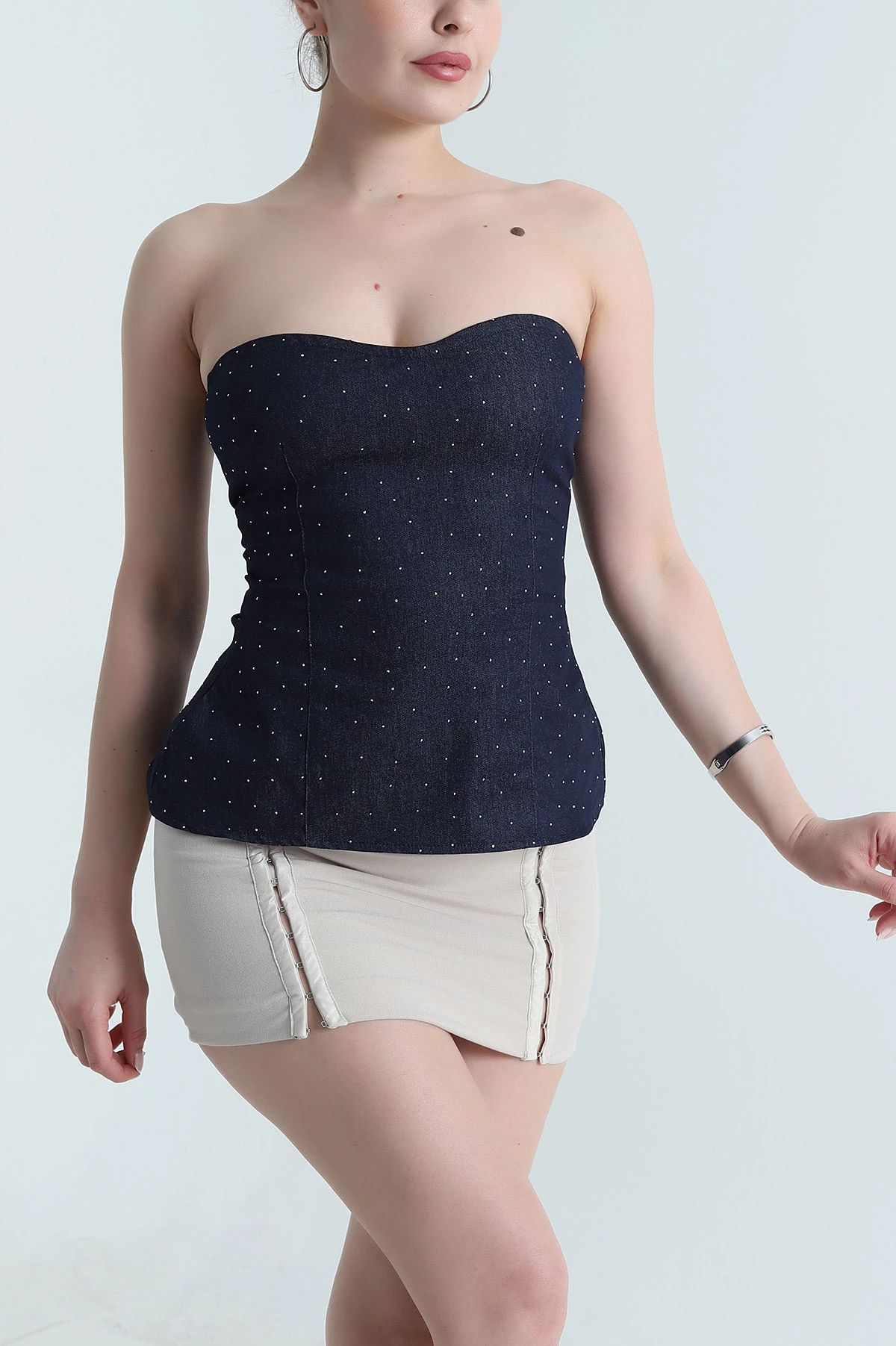 Lacivert Taşlı Straplez Kadın Denim Büstiyer 473163