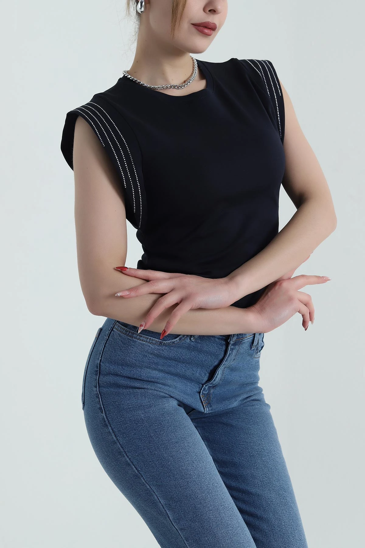 Lacivert Taşlı Tasarım Kadın Bluz 428323