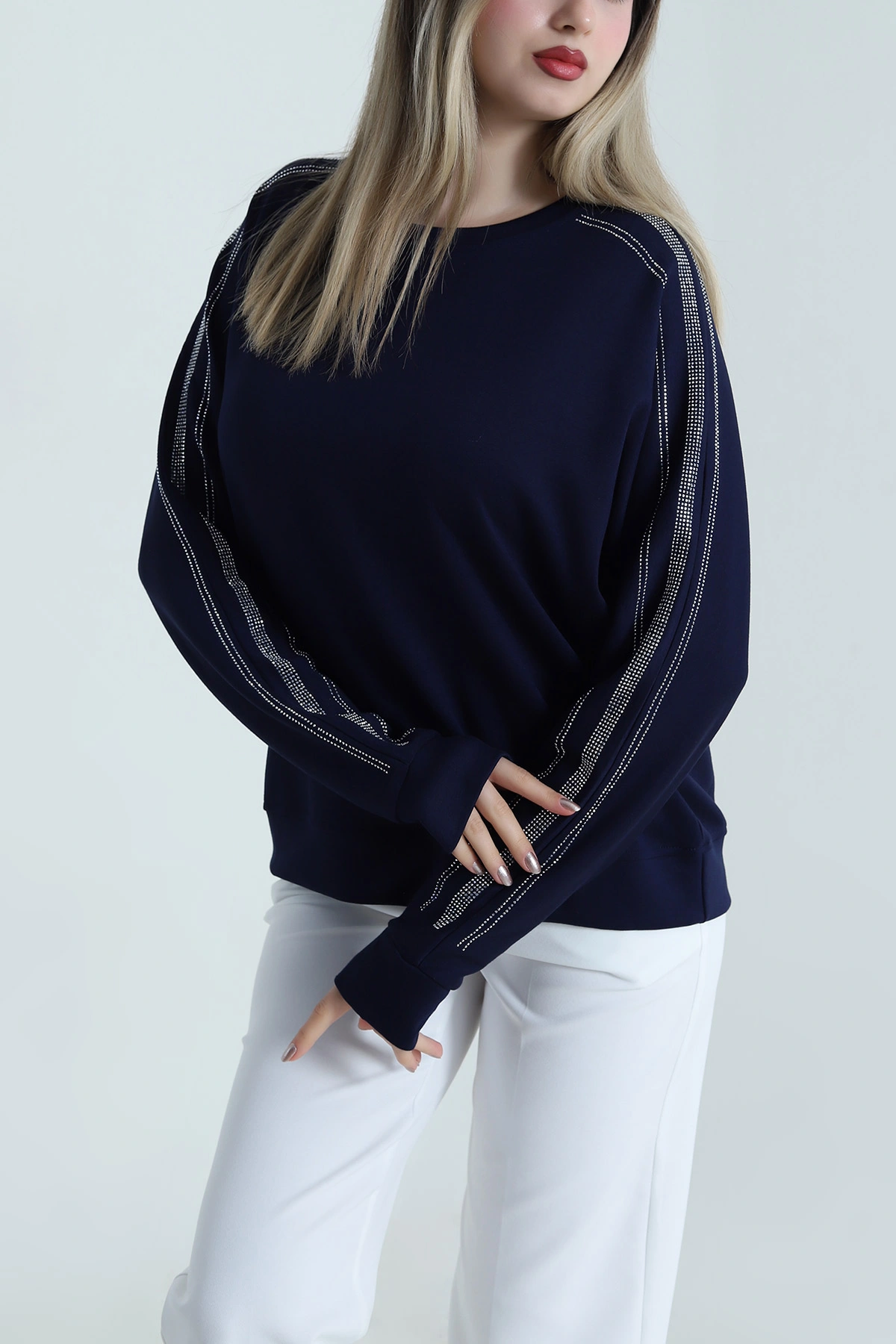 Lacivert Taşlı Tasarım Modal Kadın Bluz 487987
