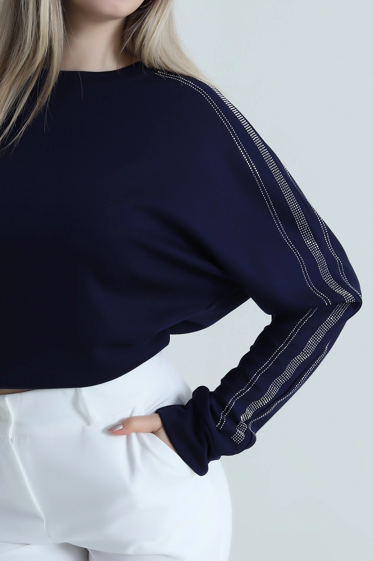Lacivert Taşlı Tasarım Modal Kadın Bluz 487987