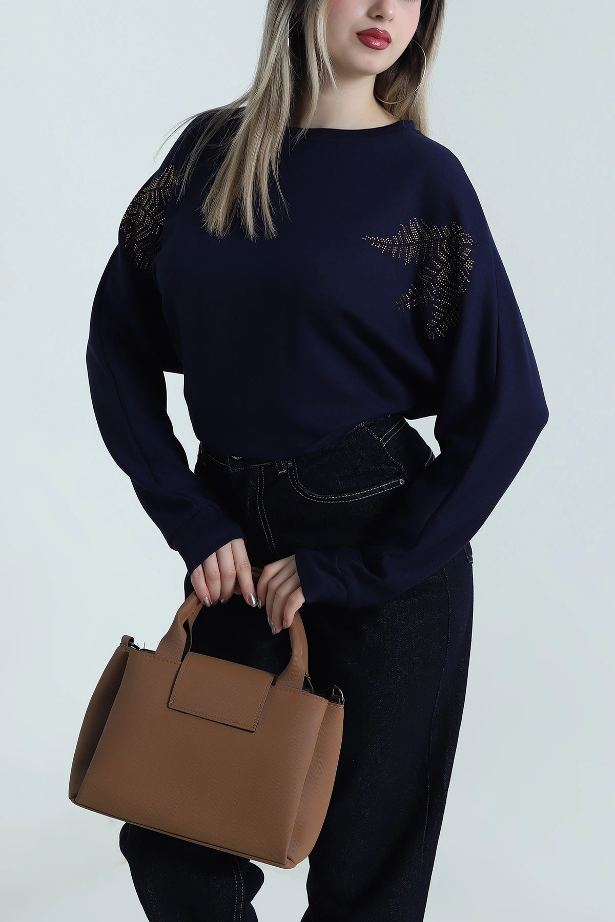 Lacivert Taşlı Tasarım Modal Kadın Bluz 487993