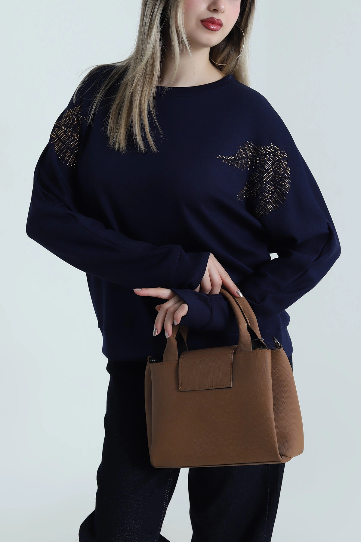 Lacivert Taşlı Tasarım Modal Kadın Bluz 487993