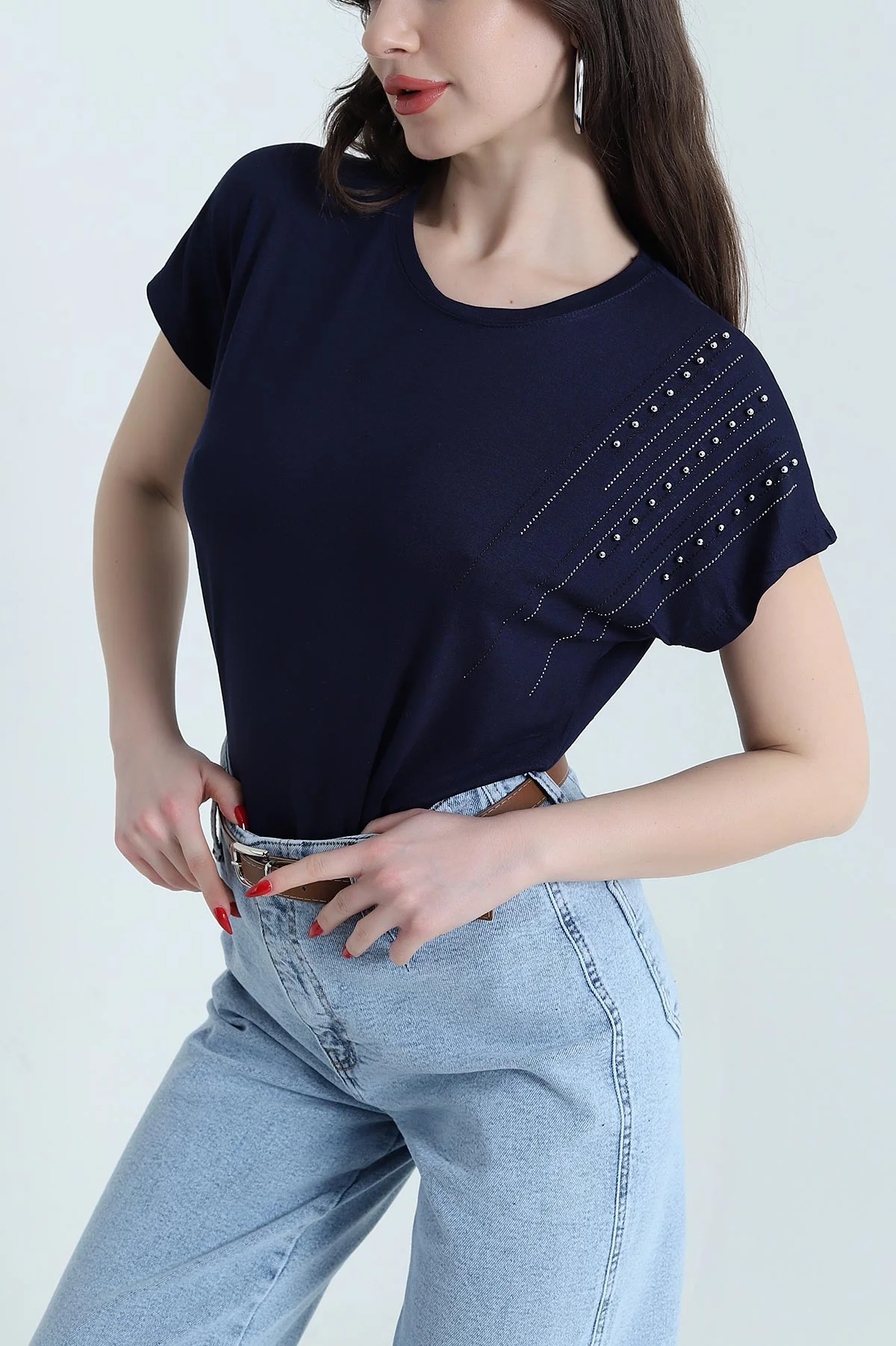 Lacivert Taşlı Viskon Kadın Bluz 443451