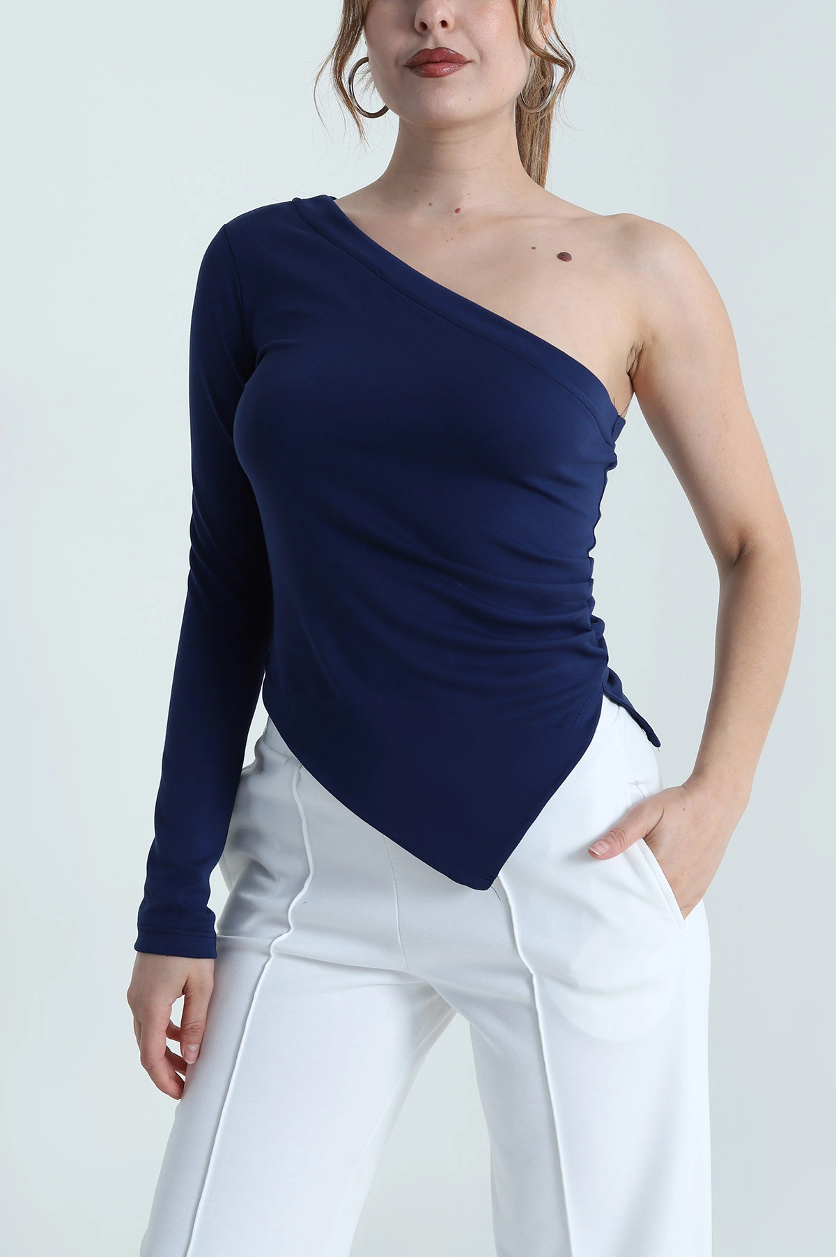 Lacivert Tek Kol Büzgülü Modal Kadın Bluz 483783