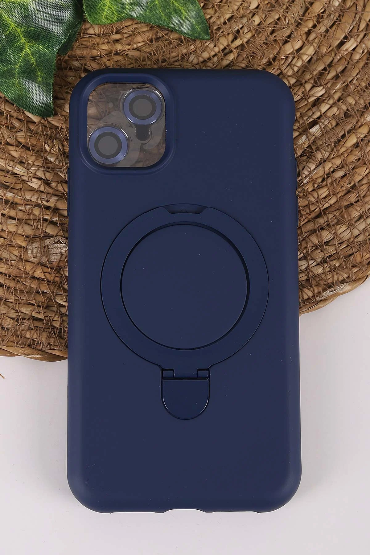 Lacivert TeknoCase İPhone 11 Uyumlu Ringy Case Serisi Standlı Lens Hediyeli Sert Silikon Telefon Kılıfı 450158