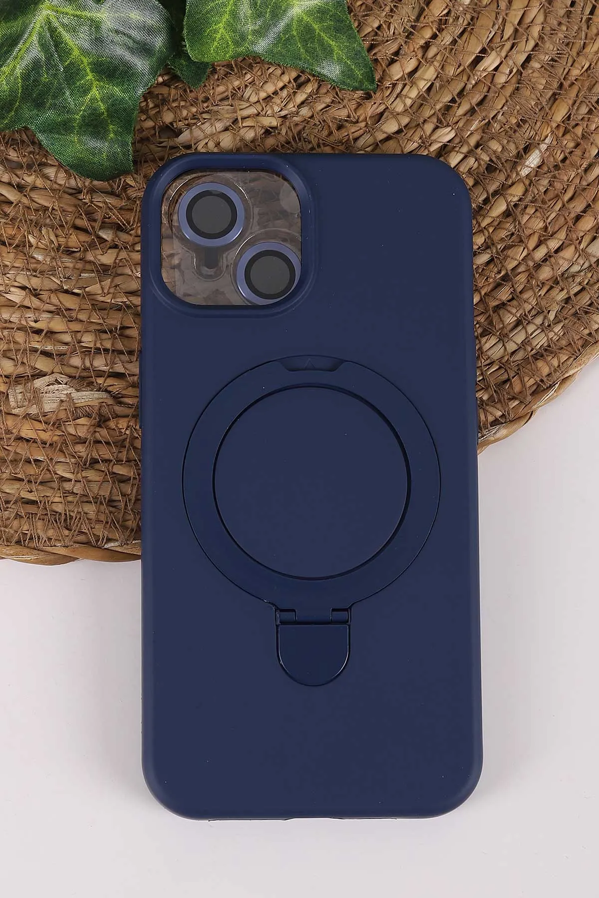 Lacivert TeknoCase İPhone 13 Uyumlu Ringy Case Serisi Standlı Lens Hediyeli Sert Silikon Telefon Kılıfı 450164