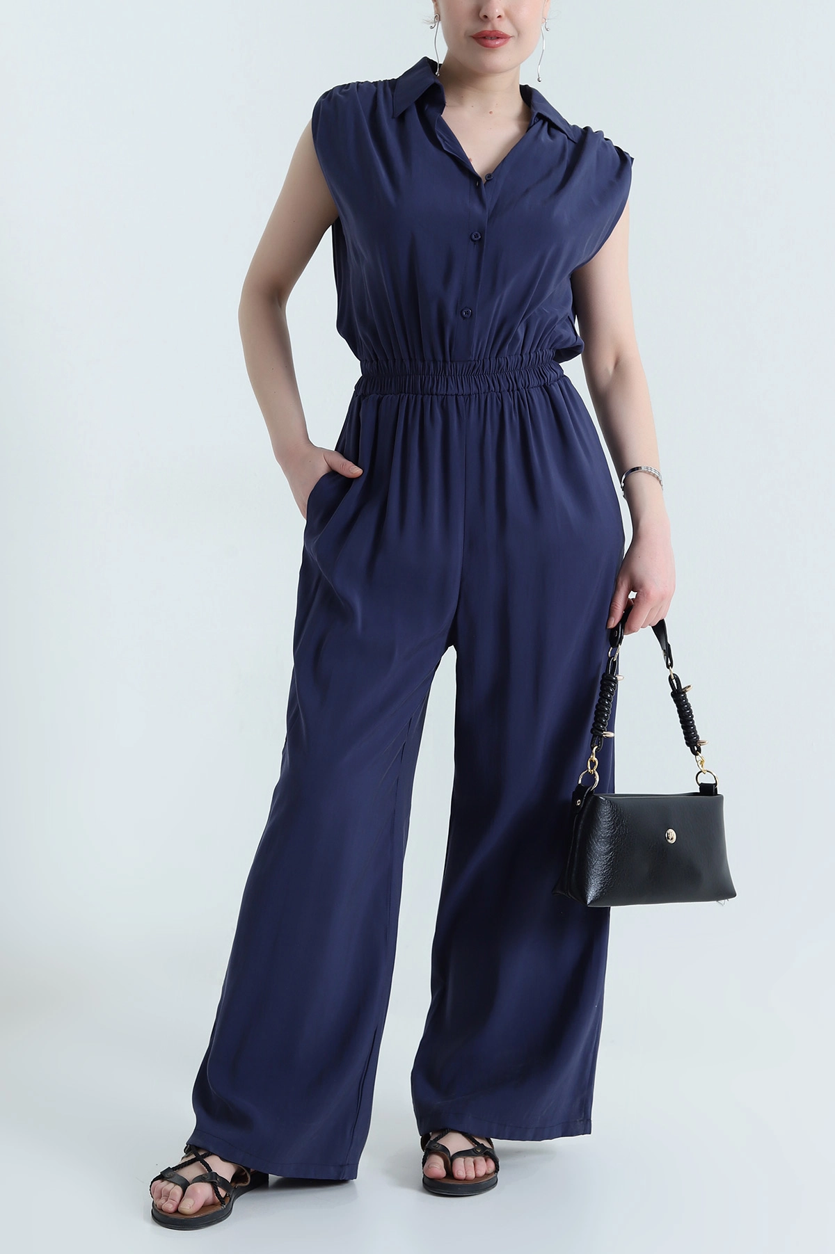 Lacivert Tencel Bel Lastikli Düğmeli Kadın Tulum 459374