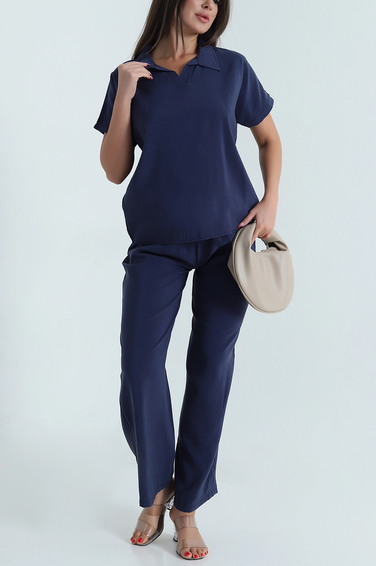 Lacivert Tencel Bel Lastikli Kadın İkili Takım 473350