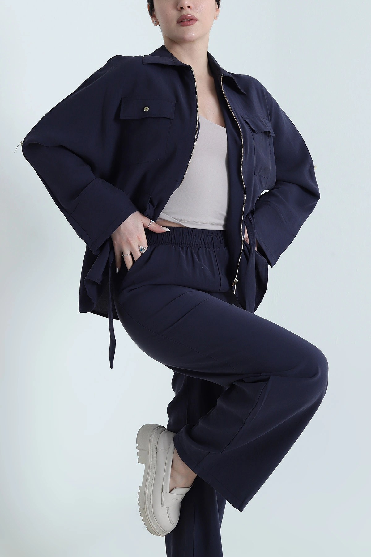 Lacivert Tencel Fermuarlı Çift Cep Kadın İkili Takım 448616