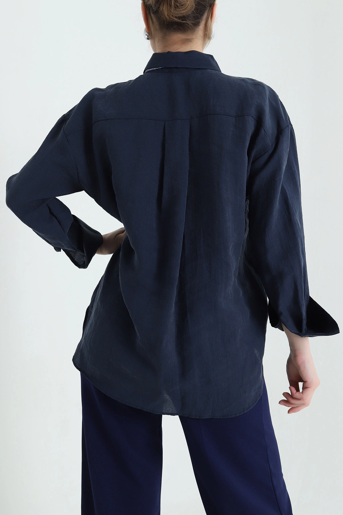 Lacivert Tencel Fular Detay Kadın Gömlek 438509