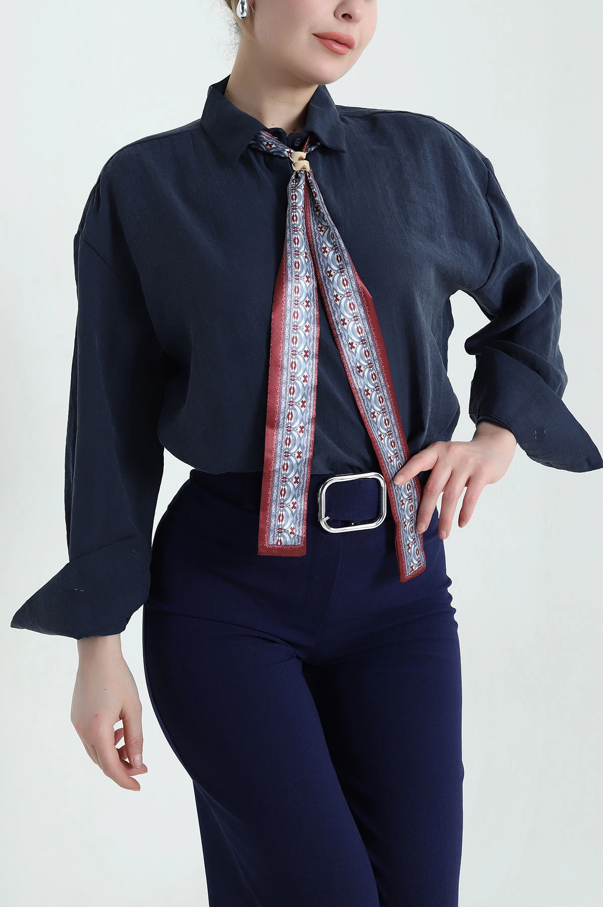 Lacivert Tencel Fular Detay Kadın Gömlek 438509