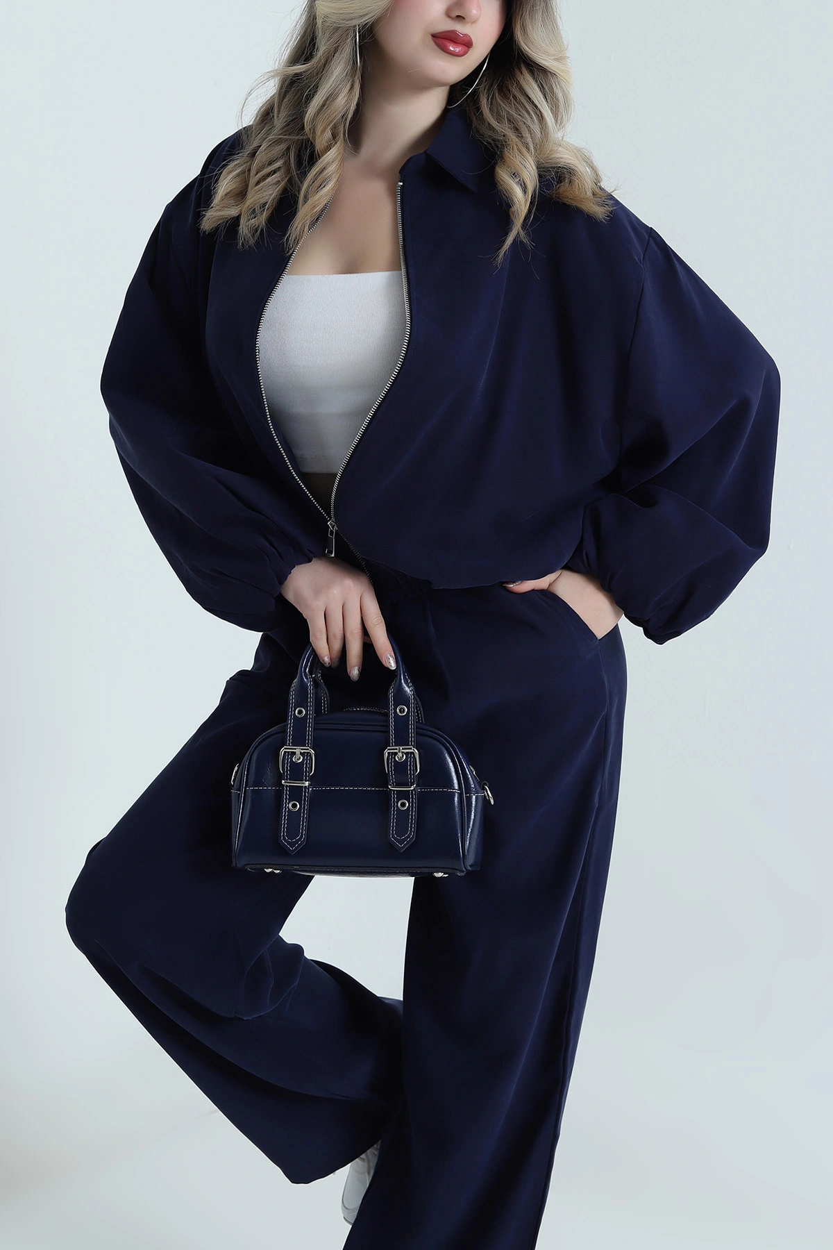 Lacivert Tencel Gabardin Astarlı Kadın İkili Takım 490934
