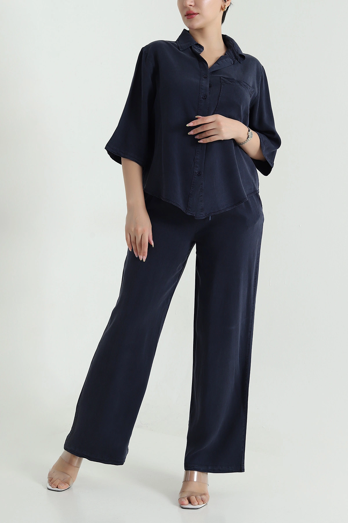 Lacivert Tencel Gömlek Pantolon Kadın İkili Takım 469726