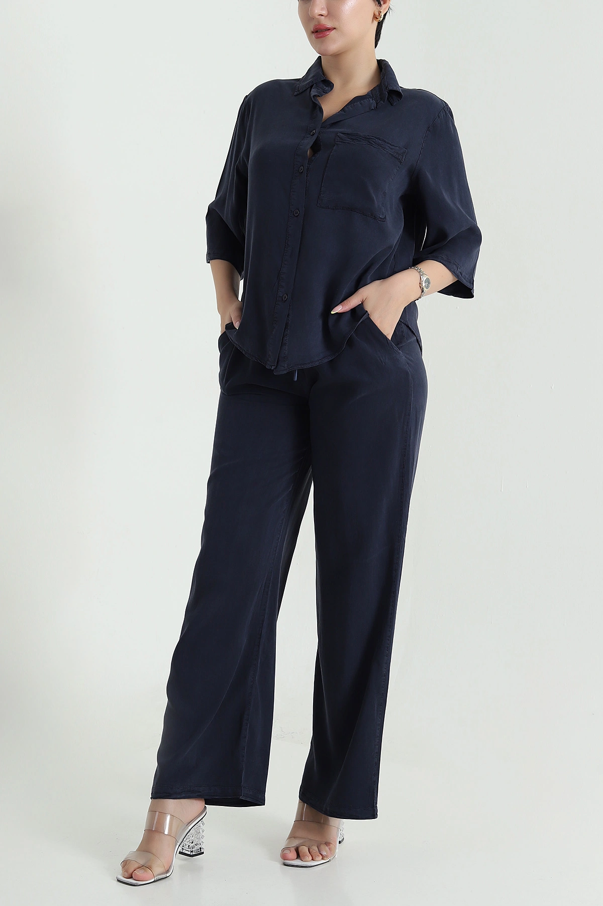Lacivert Tencel Gömlek Pantolon Kadın İkili Takım 469726