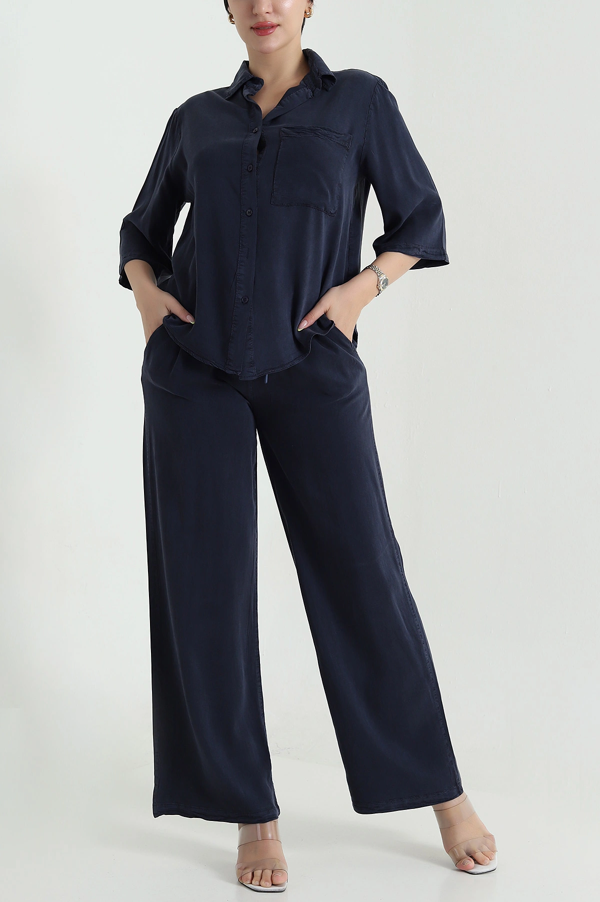 Lacivert Tencel Gömlek Pantolon Kadın İkili Takım 469726
