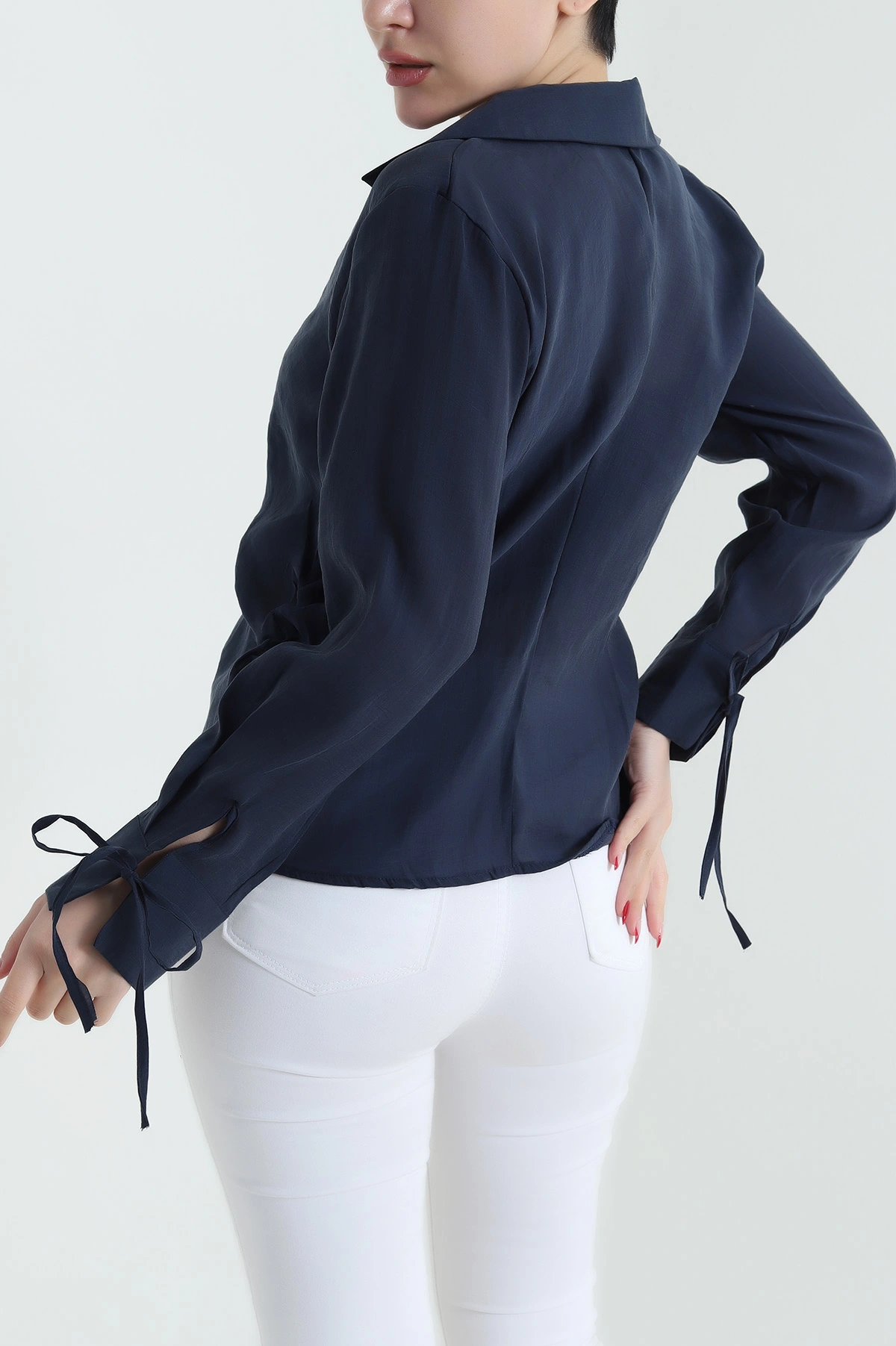 Lacivert Tencel Kol Bağcıklı Kadın Gömlek 434191