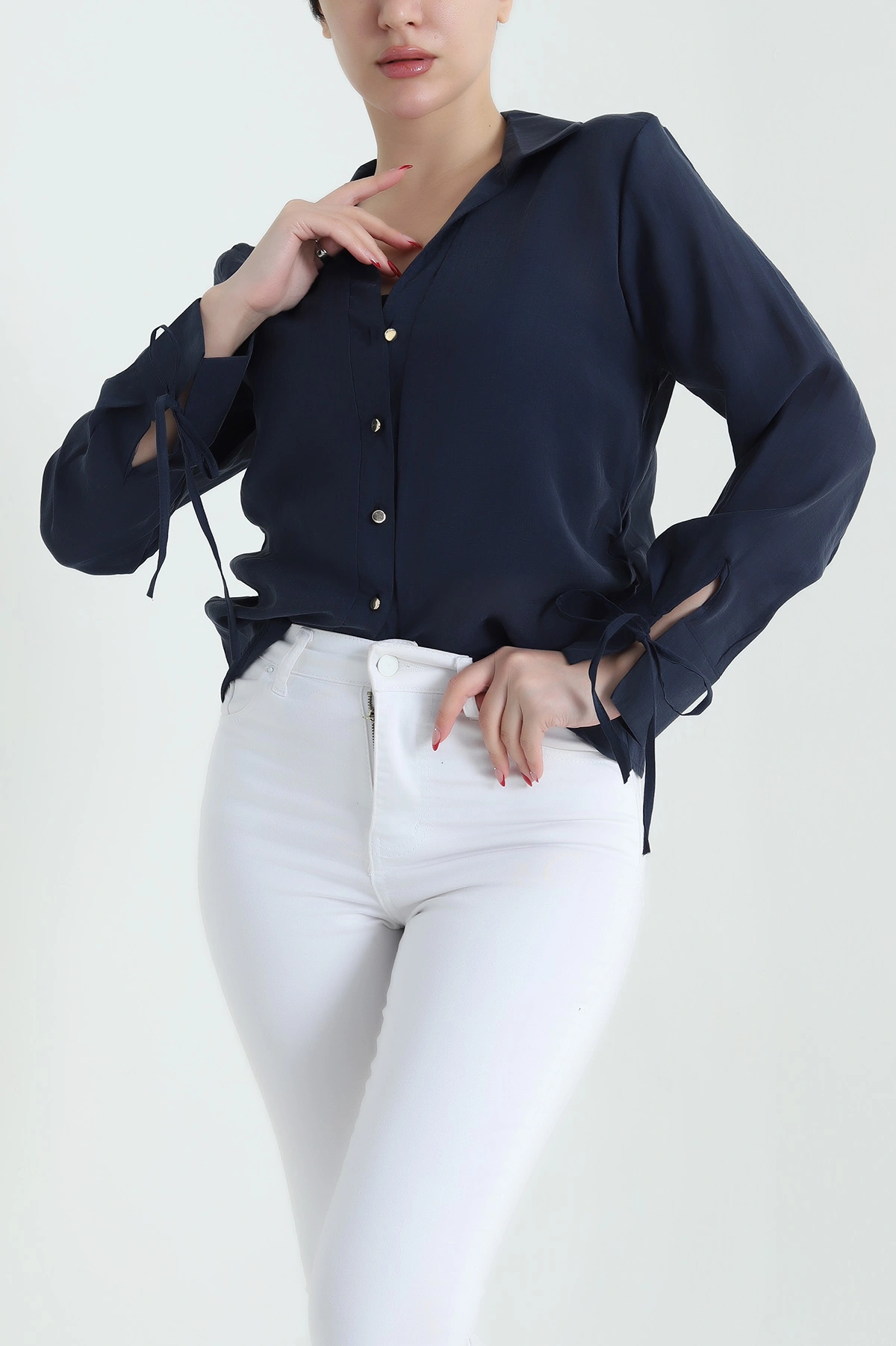 Lacivert Tencel Kol Bağcıklı Kadın Gömlek 434191