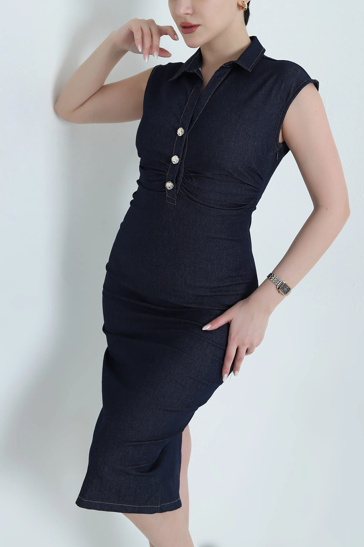Lacivert Tencel Kot Kolsuz Drapeli Kadın Elbise 445995