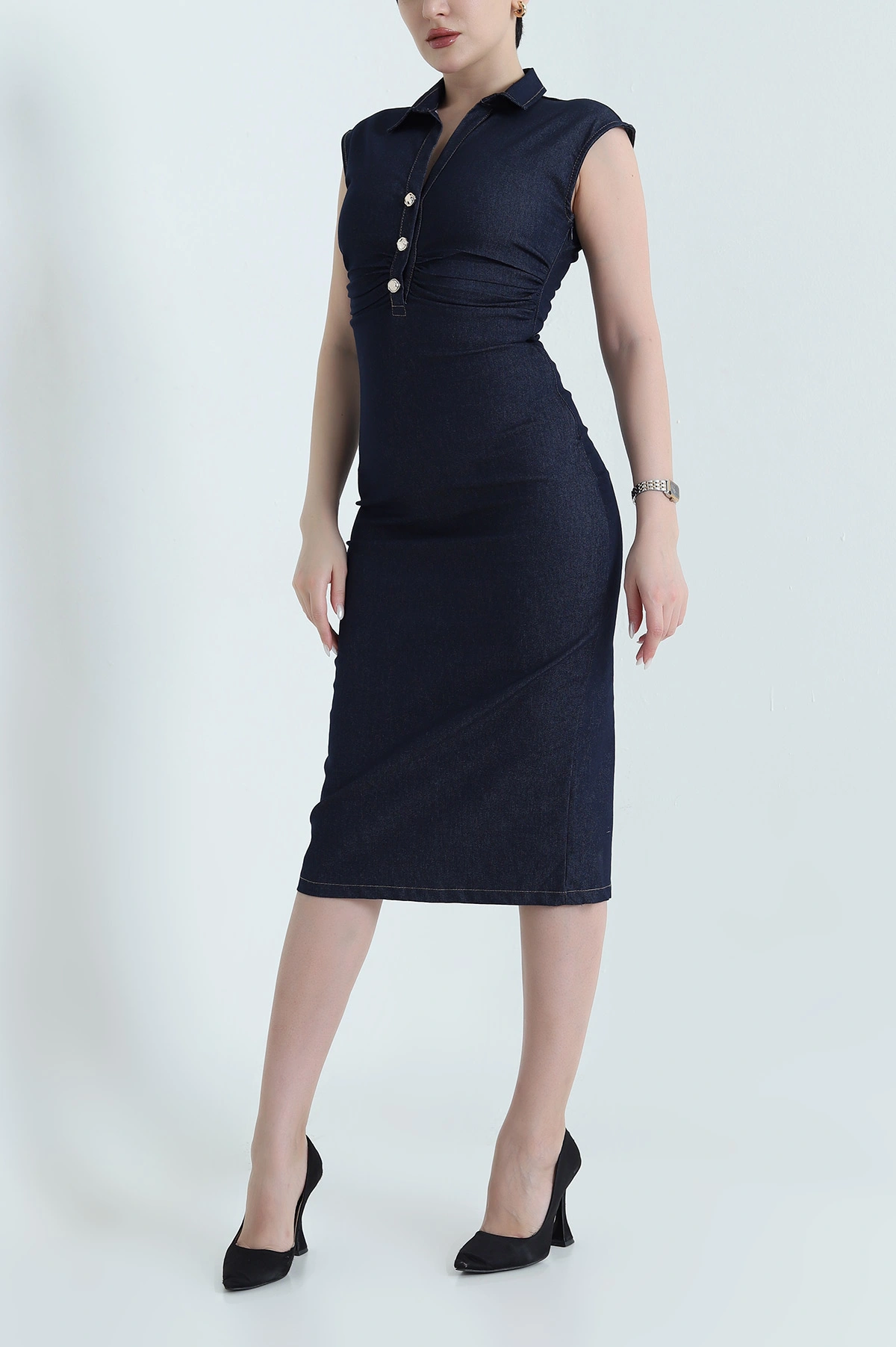 Lacivert Tencel Kot Kolsuz Drapeli Kadın Elbise 445995