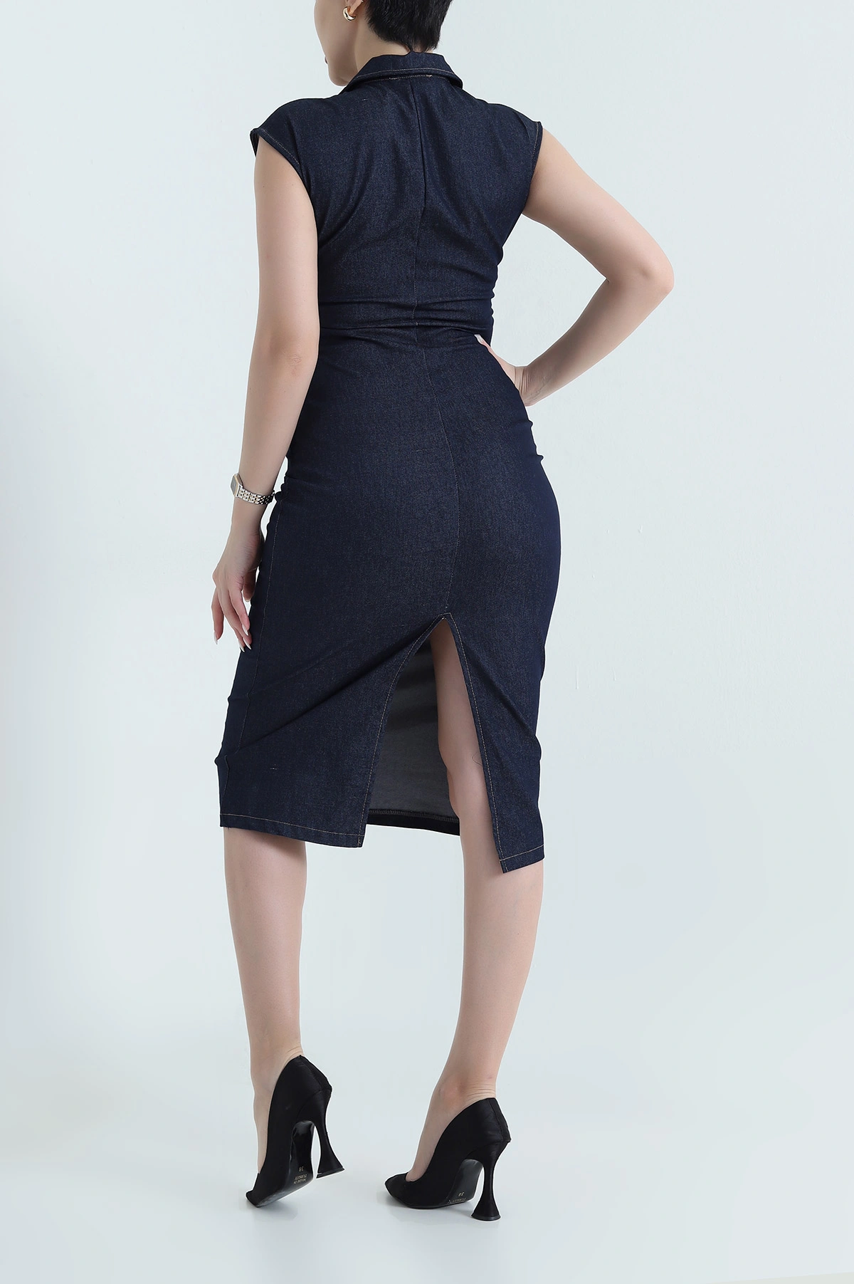 Lacivert Tencel Kot Kolsuz Drapeli Kadın Elbise 445995