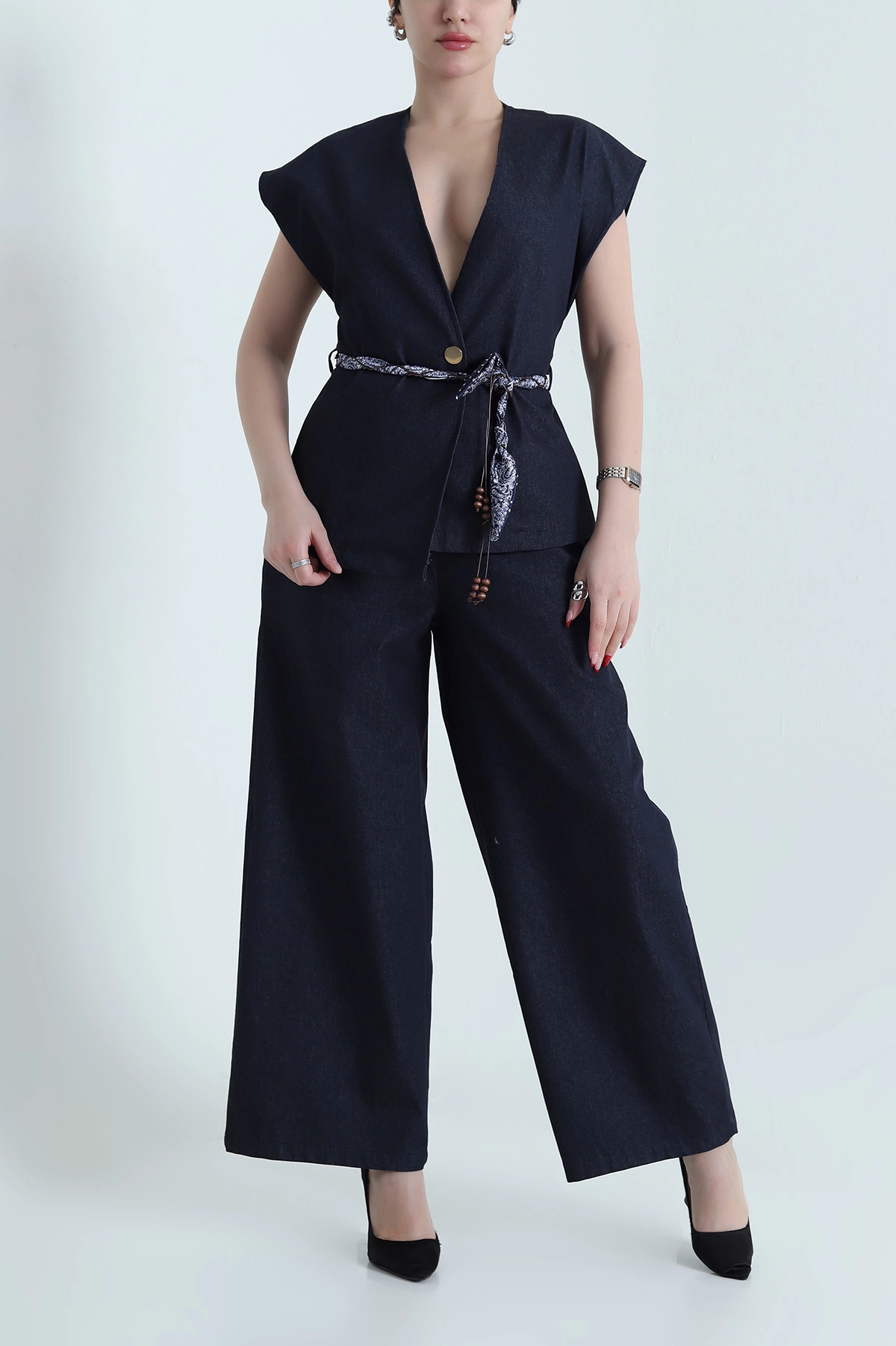 Lacivert Tencel Kot Yelek Pantolon Kadın İkili Takım 442508