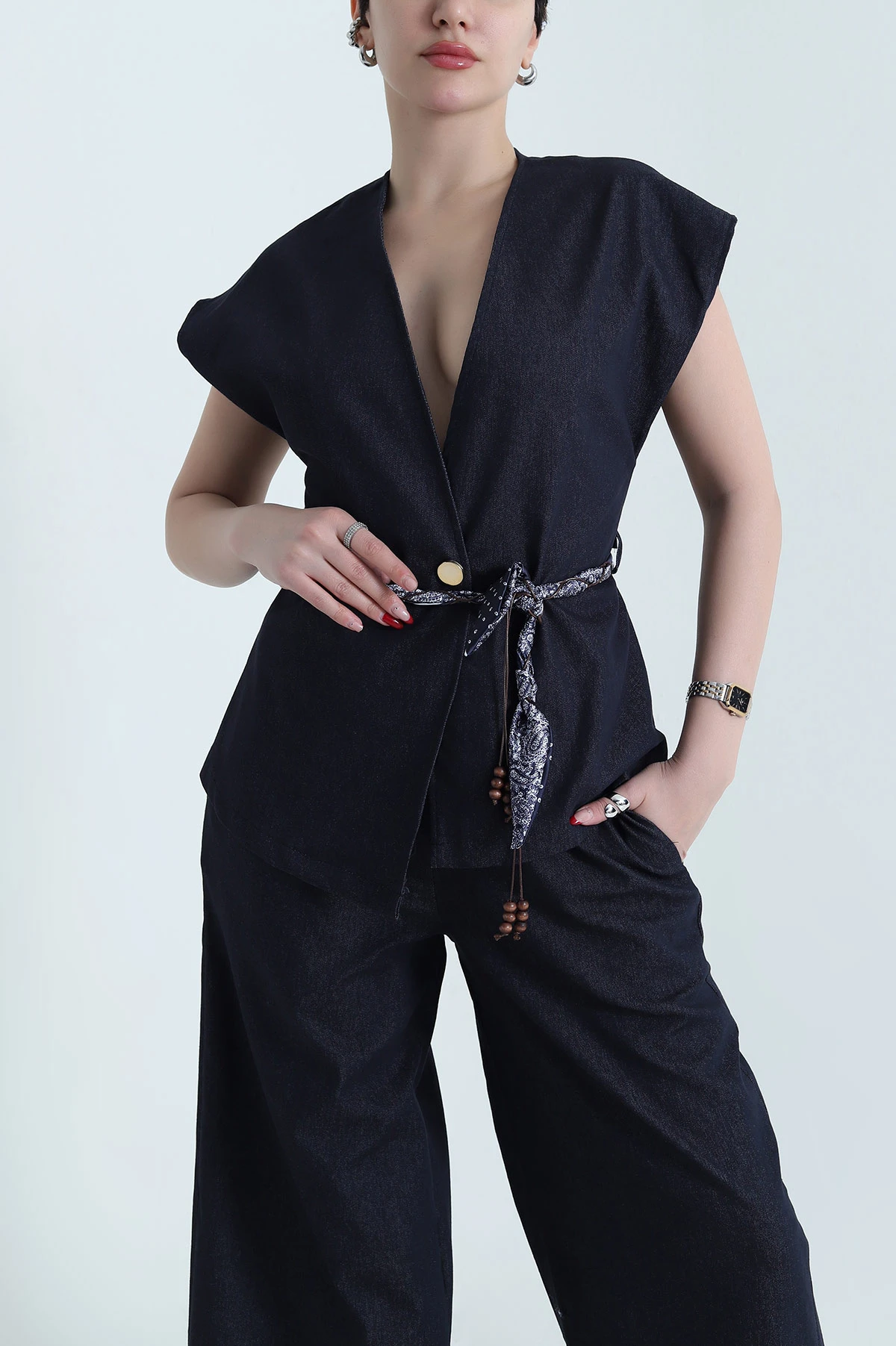 Lacivert Tencel Kot Yelek Pantolon Kadın İkili Takım 442508
