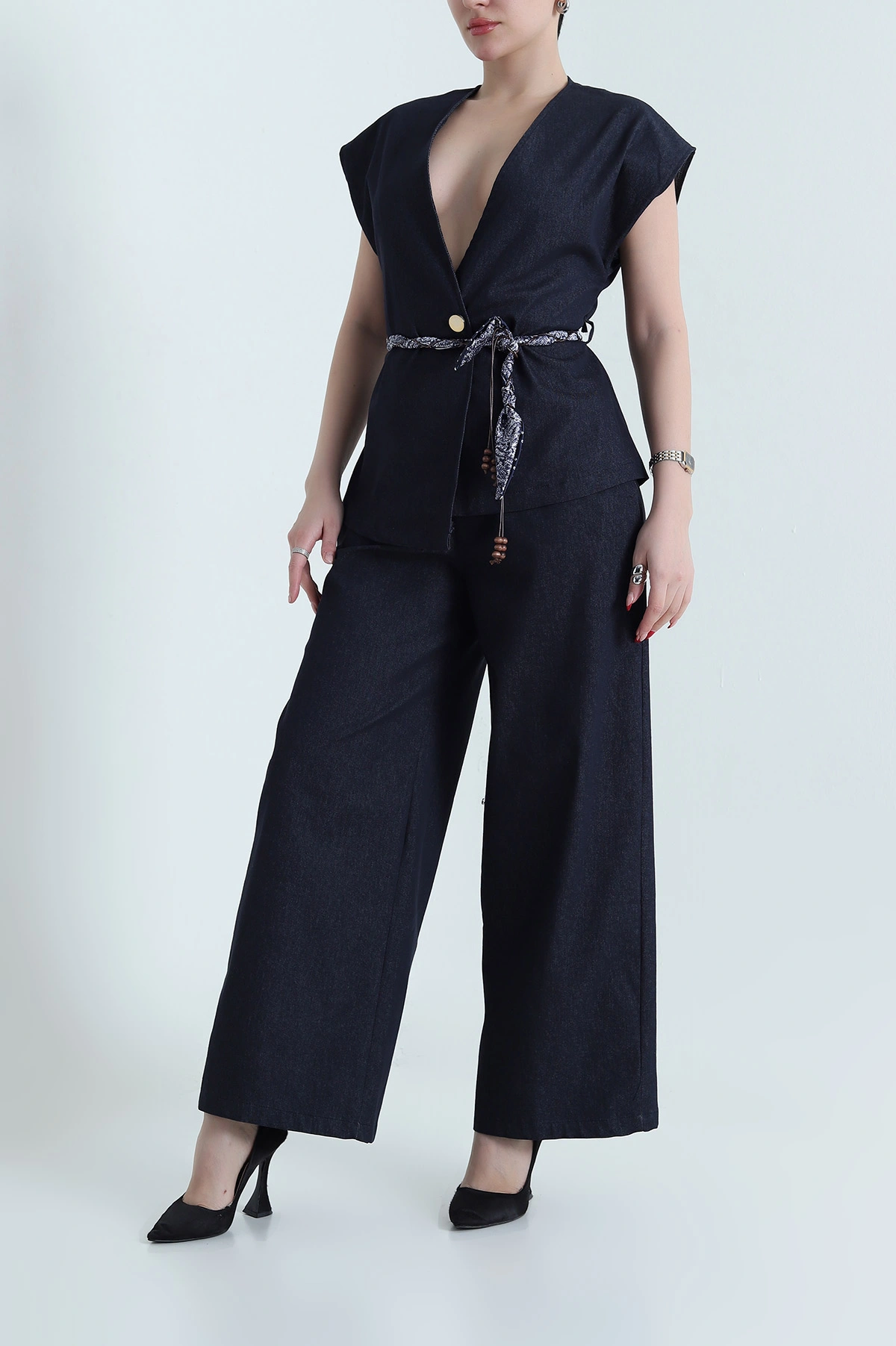 Lacivert Tencel Kot Yelek Pantolon Kadın İkili Takım 442508