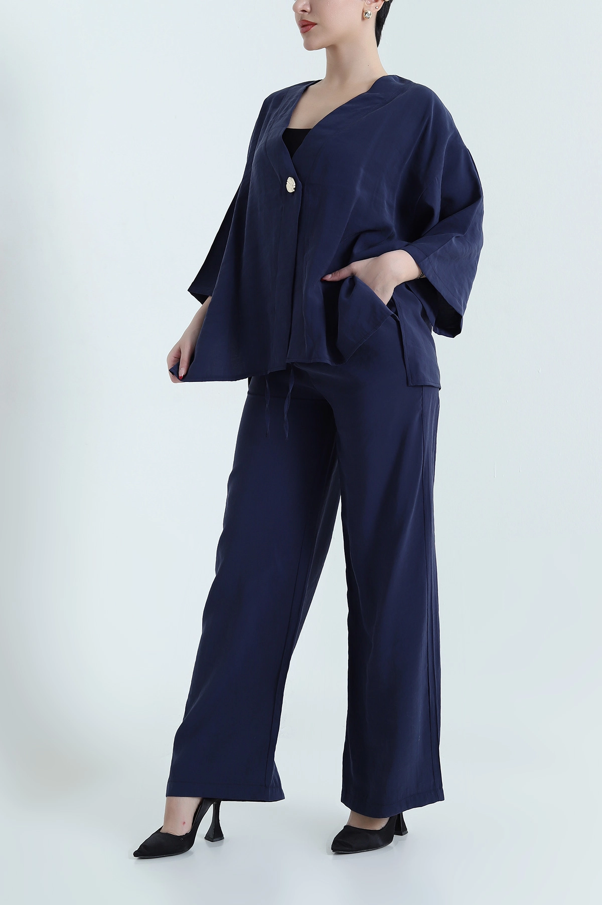 Lacivert Tencel Pantolon Bluz Kadın İkili Takım 440600
